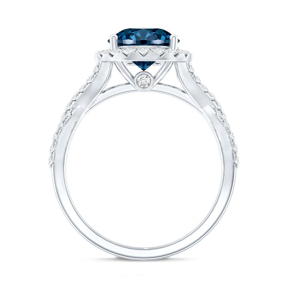 2 Carat Round London Blue Topaz Crossover Engagement Ring with Diamond Halo