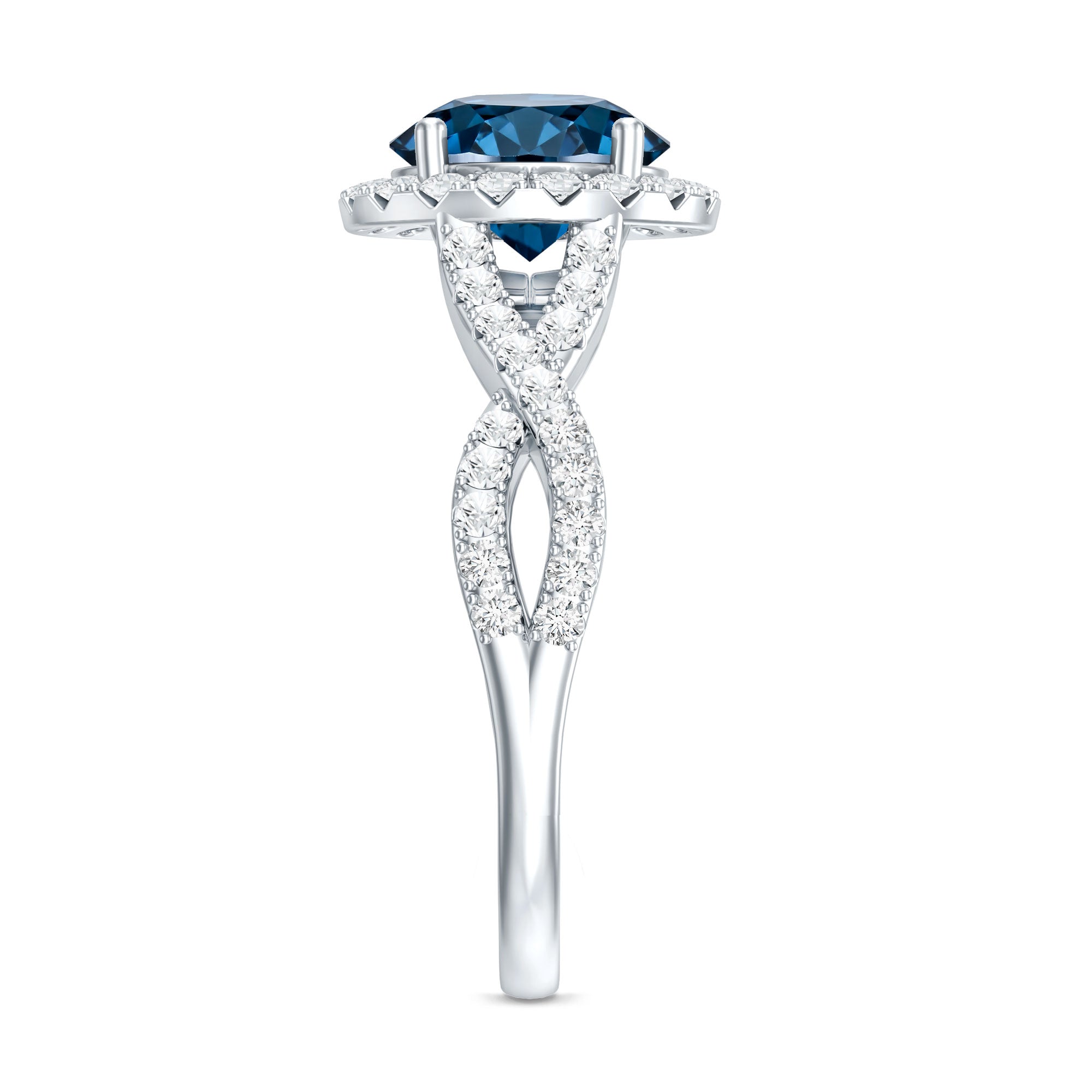 2 Carat Round London Blue Topaz Crossover Engagement Ring with Diamond Halo