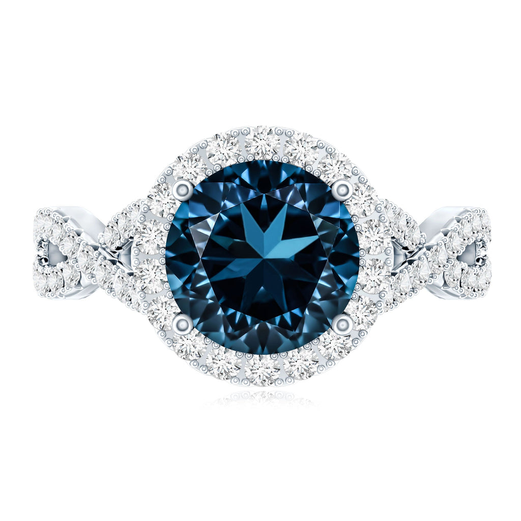 2 Carat Round London Blue Topaz Crossover Engagement Ring with Diamond Halo