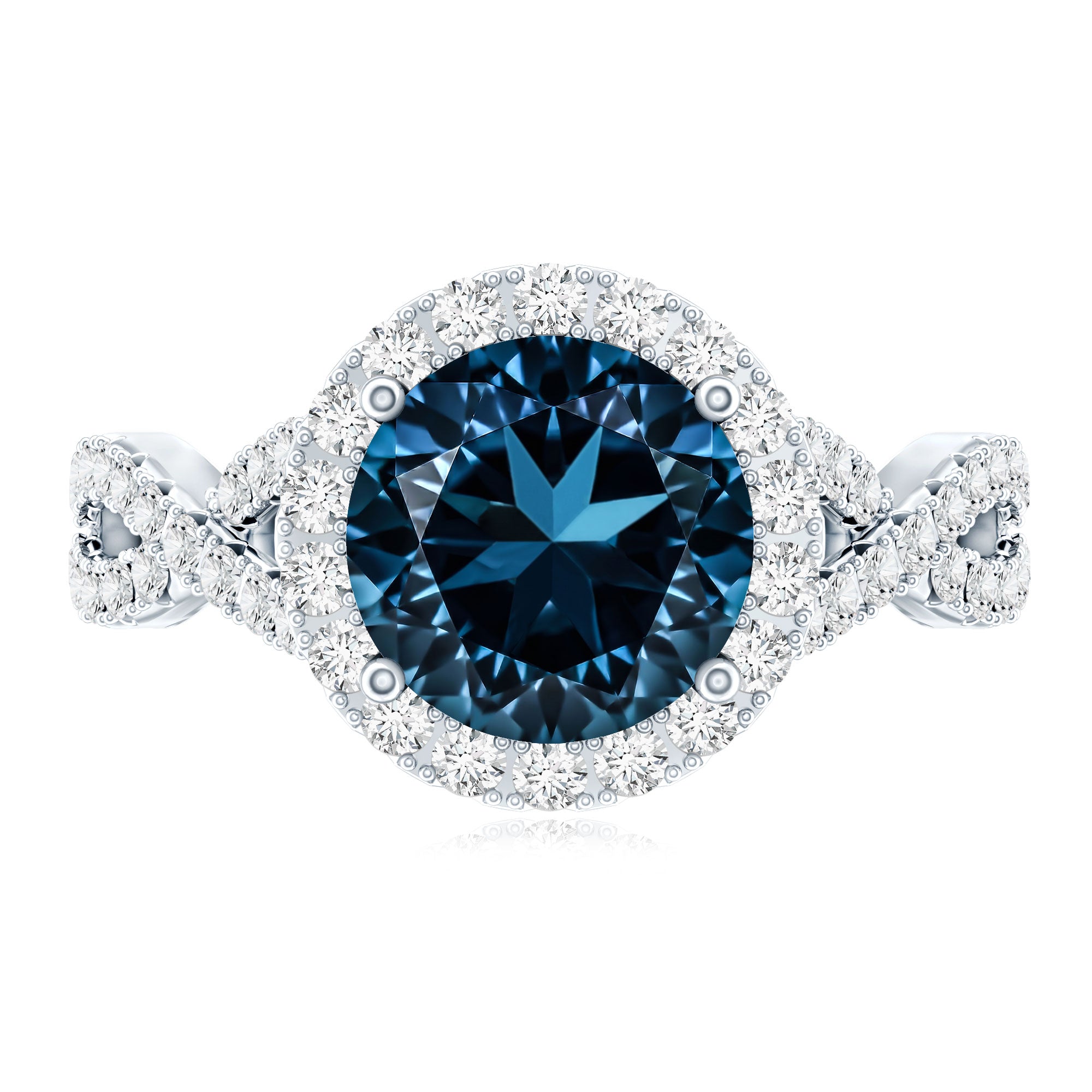 2 Carat Round London Blue Topaz Crossover Engagement Ring with Diamond Halo
