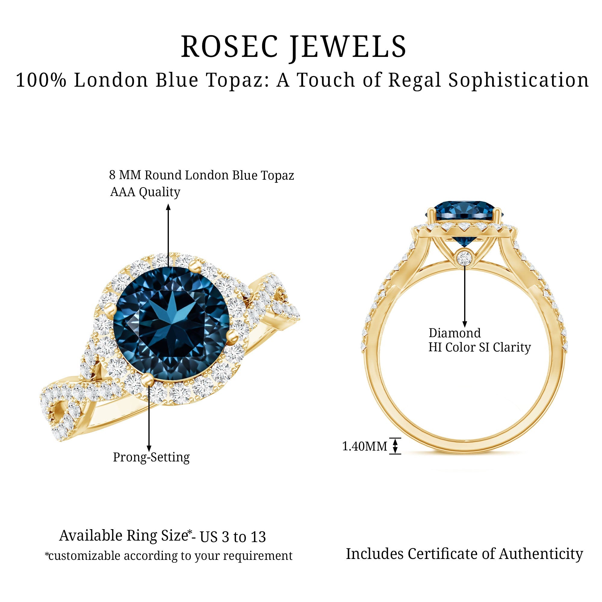 2 Carat Round London Blue Topaz Crossover Engagement Ring with Diamond Halo