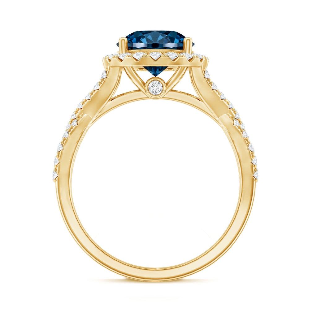 2 Carat Round London Blue Topaz Crossover Engagement Ring with Diamond Halo
