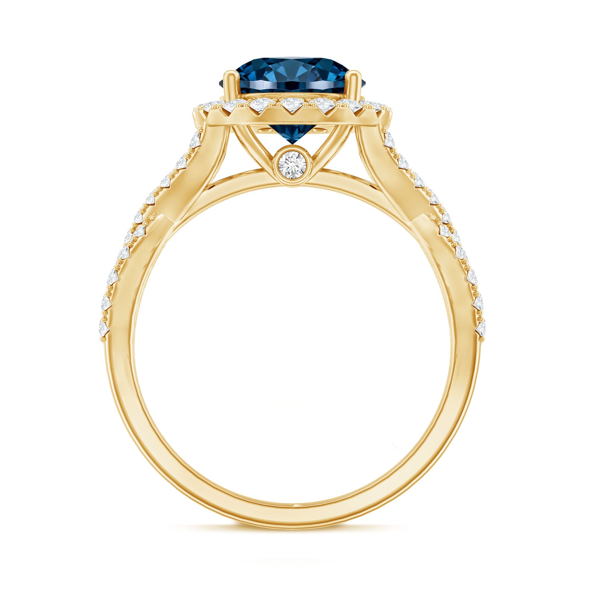 2 Carat Round London Blue Topaz Crossover Engagement Ring with Diamond Halo