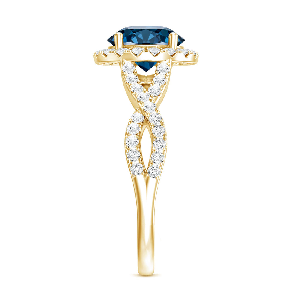 2 Carat Round London Blue Topaz Crossover Engagement Ring with Diamond Halo