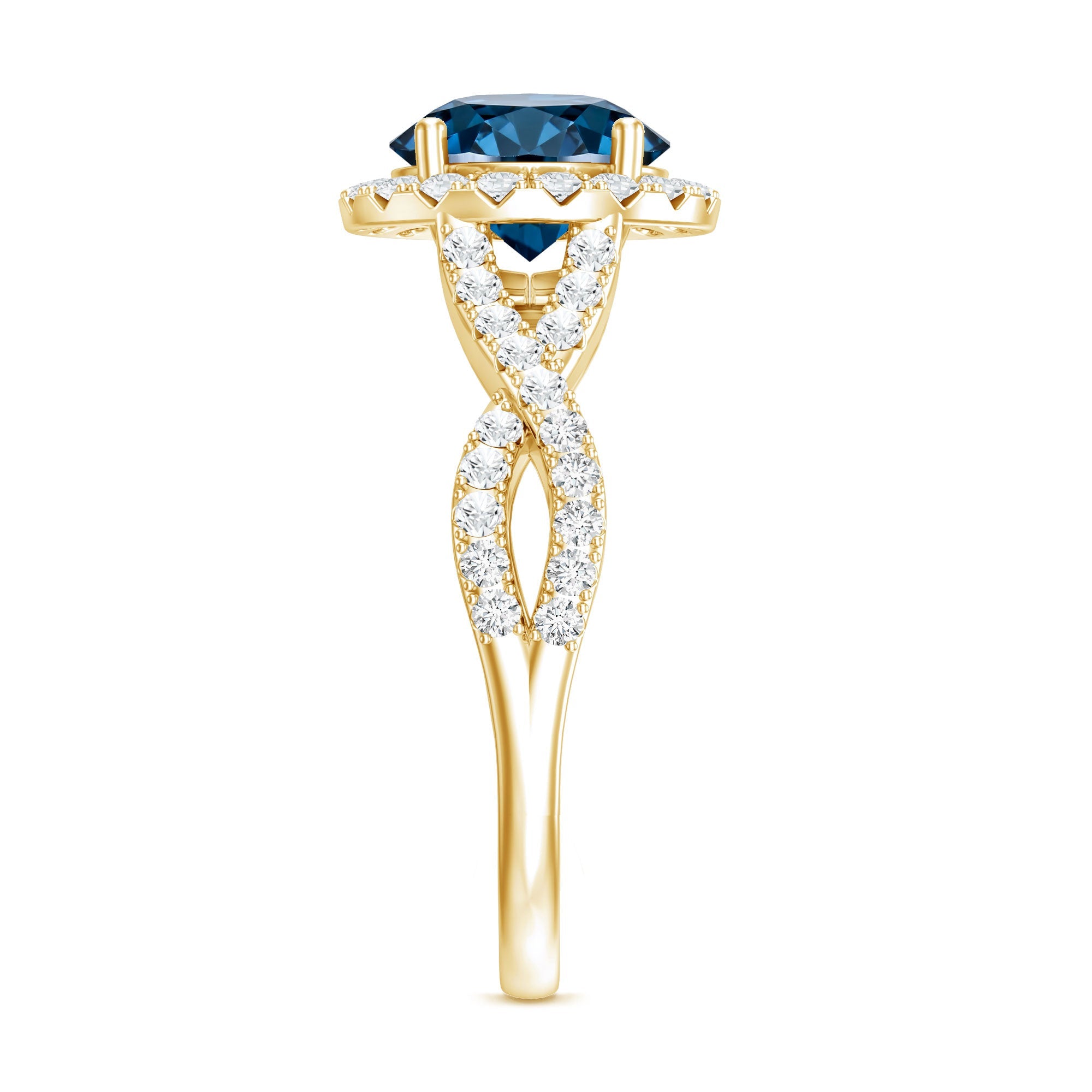 2 Carat Round London Blue Topaz Crossover Engagement Ring with Diamond Halo