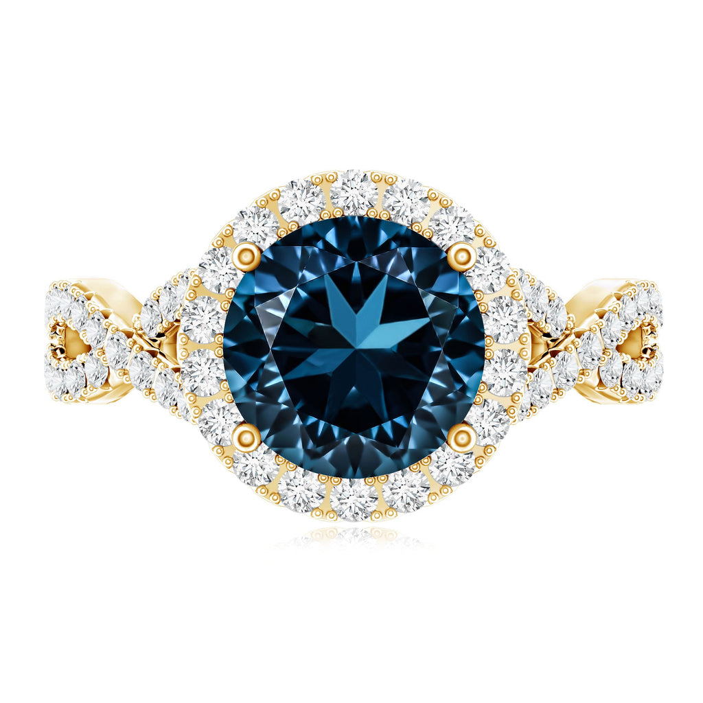 2 Carat Round London Blue Topaz Crossover Engagement Ring with Diamond Halo