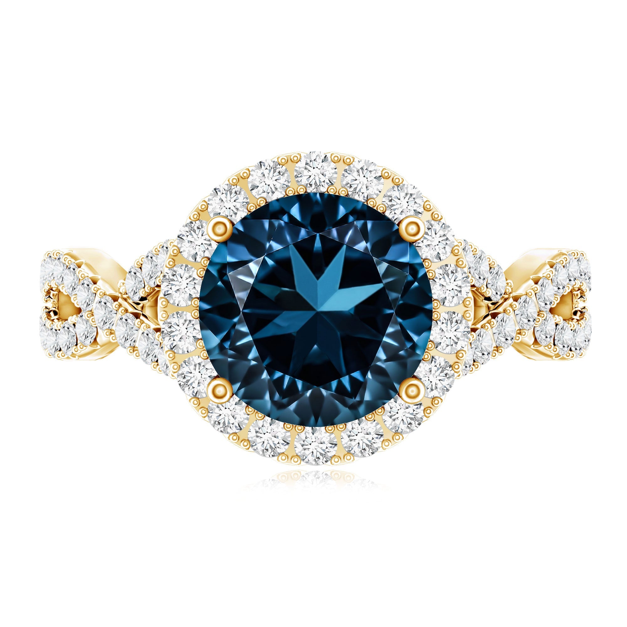 2 Carat Round London Blue Topaz Crossover Engagement Ring with Diamond Halo