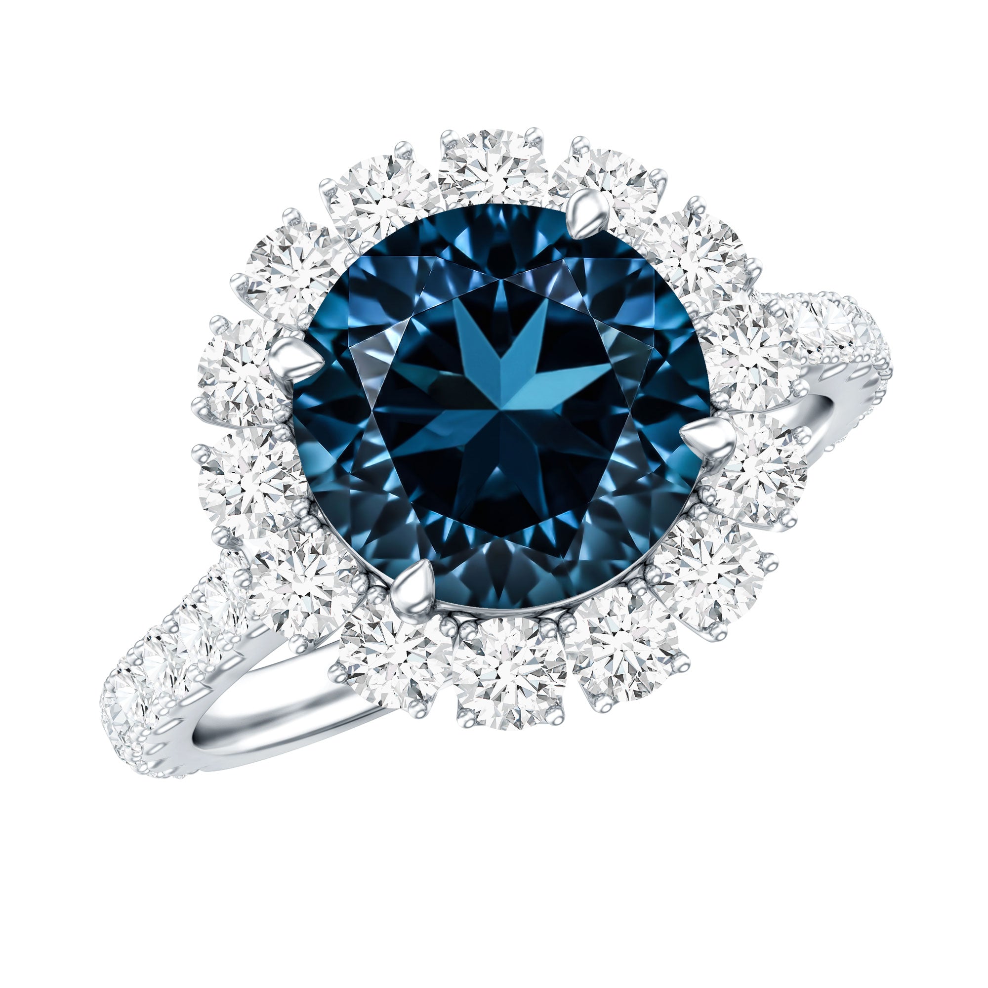 2 Carat Round London Blue Topaz Halo Engagement Ring with Moissanite