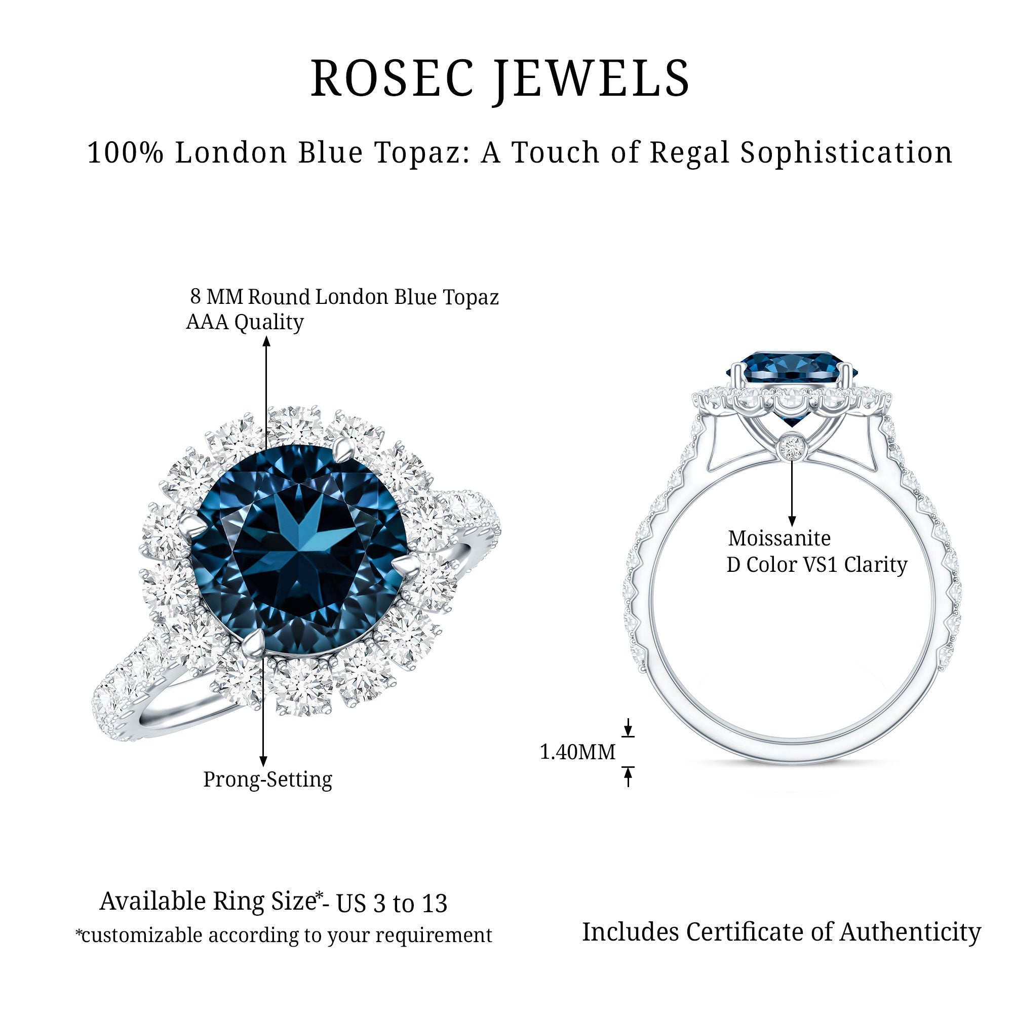 2 Carat Round London Blue Topaz Halo Engagement Ring with Moissanite