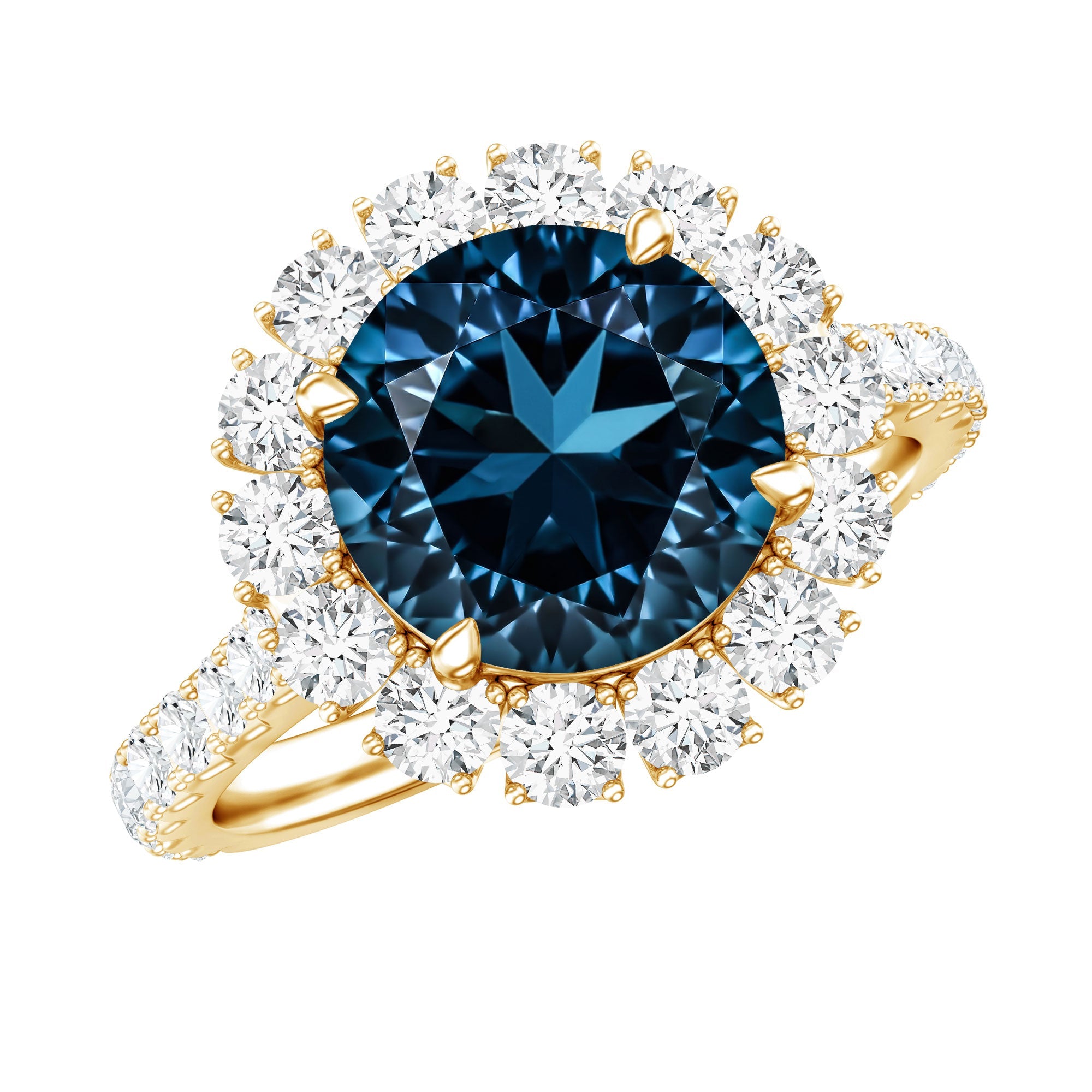 2 Carat Round London Blue Topaz Halo Engagement Ring with Moissanite