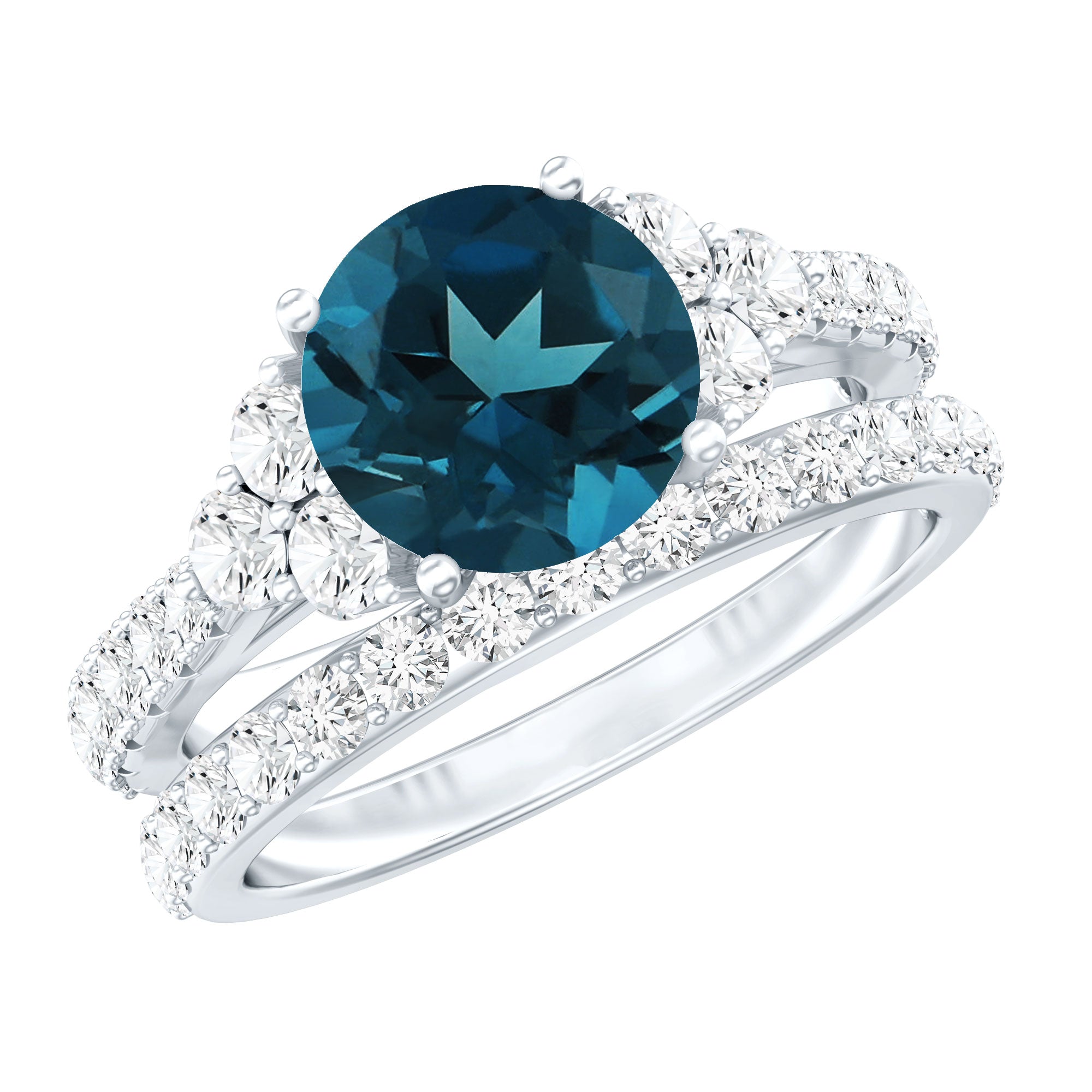 2 Carat London Blue Topaz Ring Set with Wedding Band