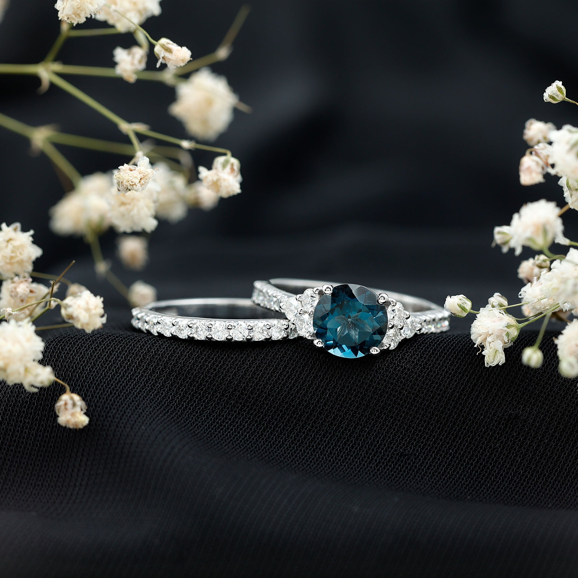 2 Carat London Blue Topaz Ring Set with Wedding Band