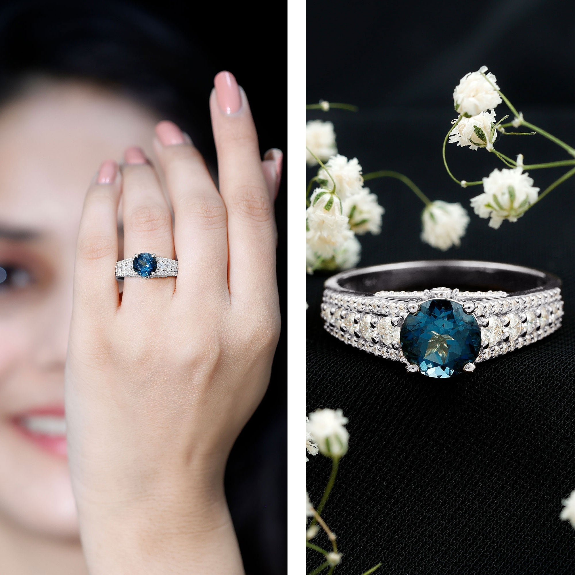 2 Carat London Blue Topaz Statement Engagement Ring with Side Stones