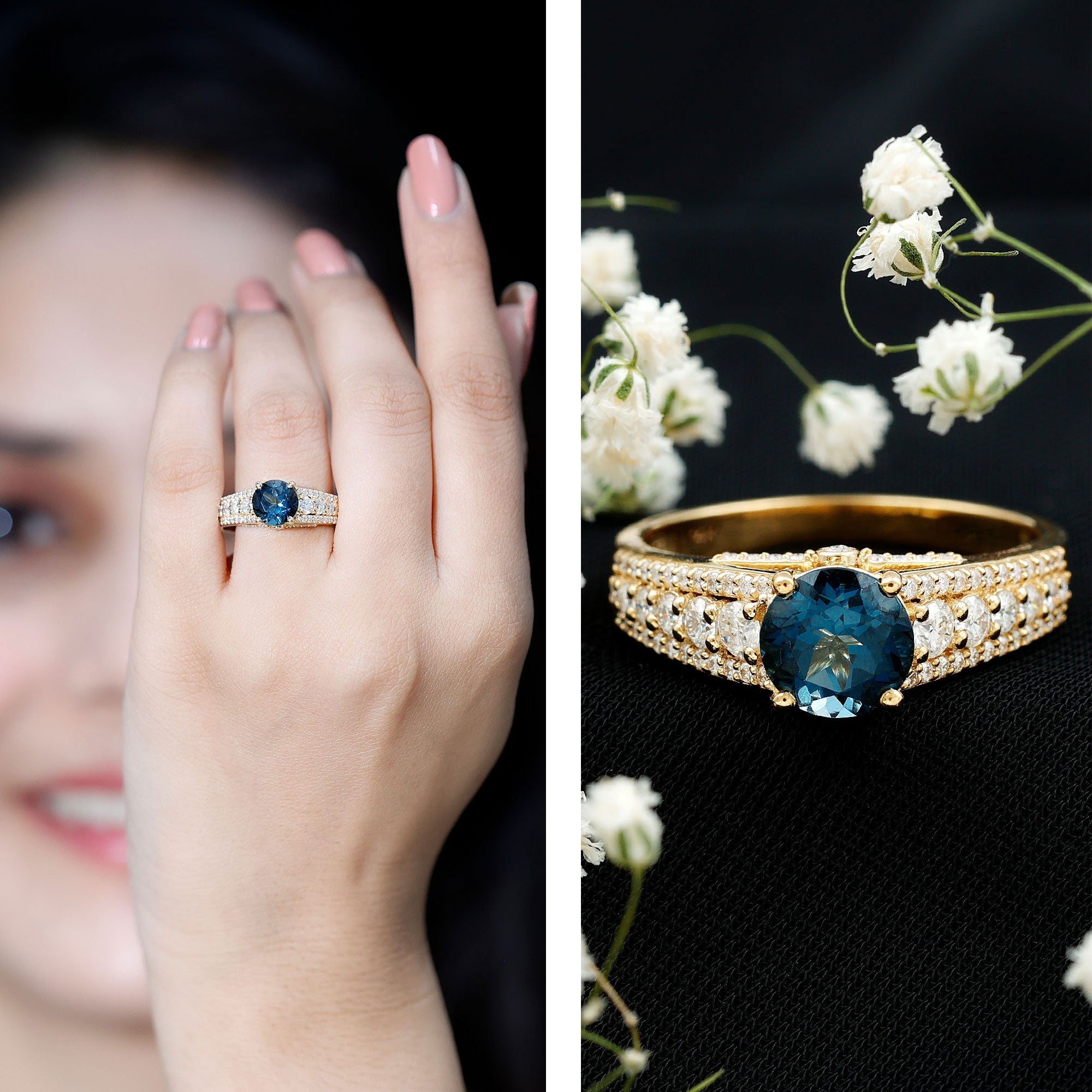 2 Carat London Blue Topaz Statement Engagement Ring with Side Stones