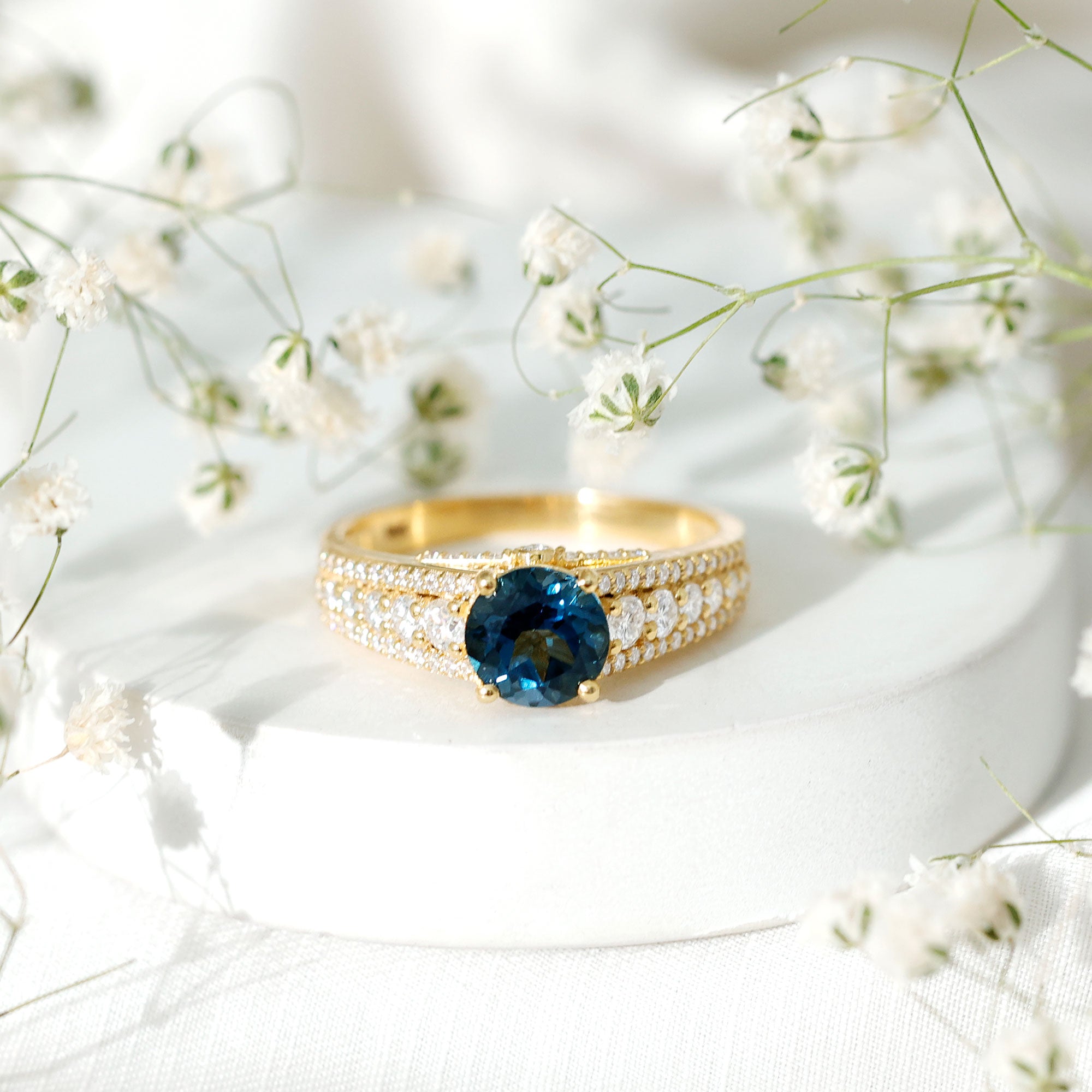 2 Carat London Blue Topaz Statement Engagement Ring with Side Stones