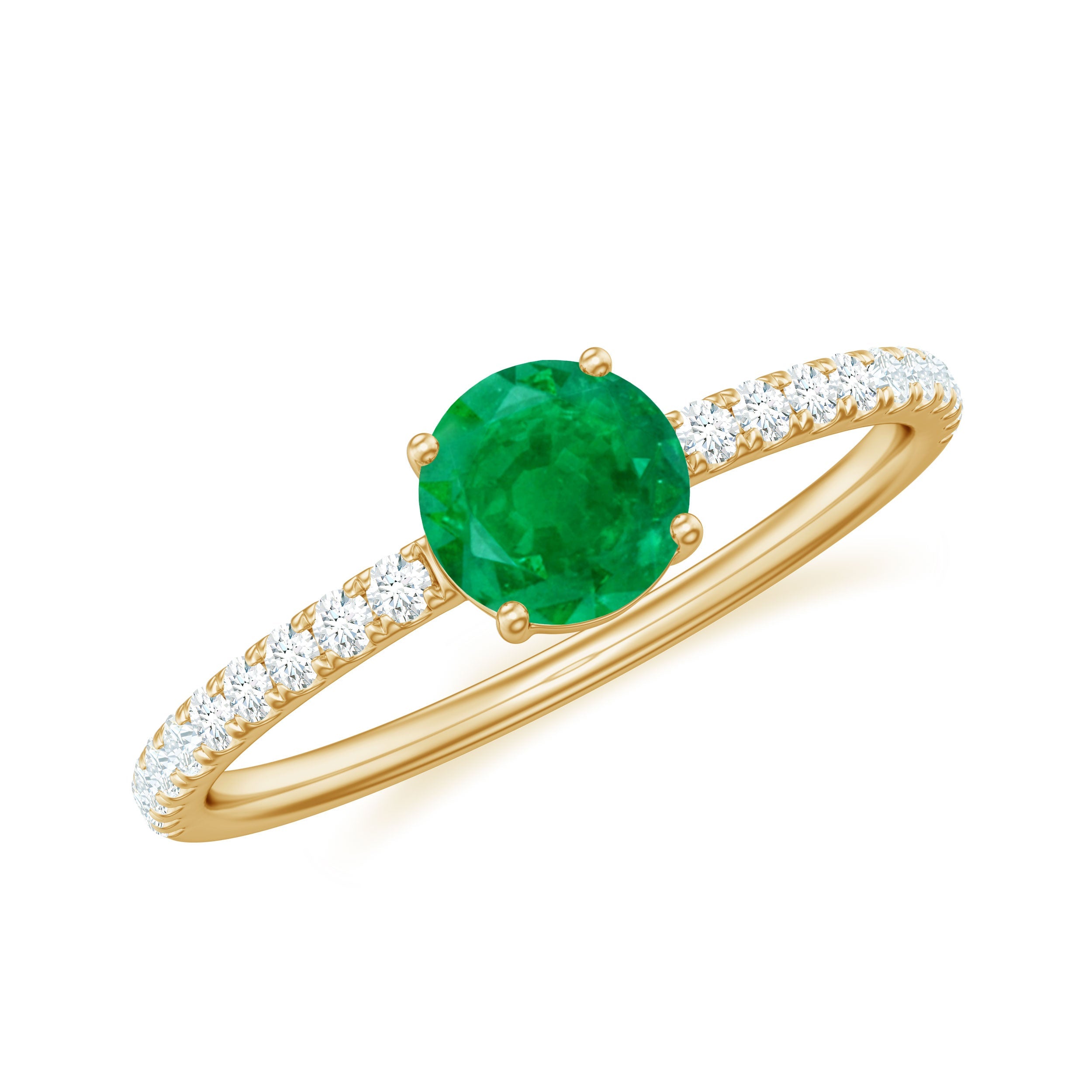 Emerald Promise Ring With Diamond Side Stones - Natural Round Cut Emerald Band