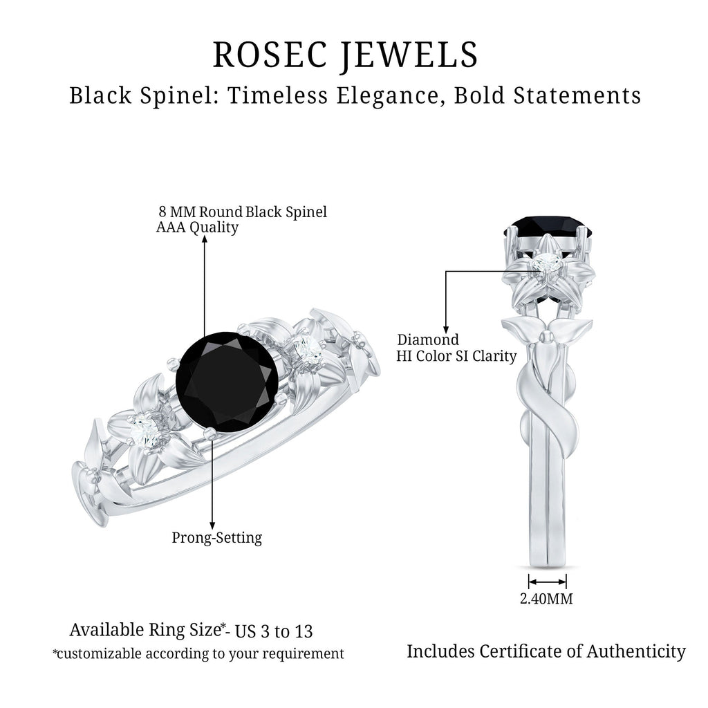 Nature Inspired Black Spinel Engagement Ring with Diamonds