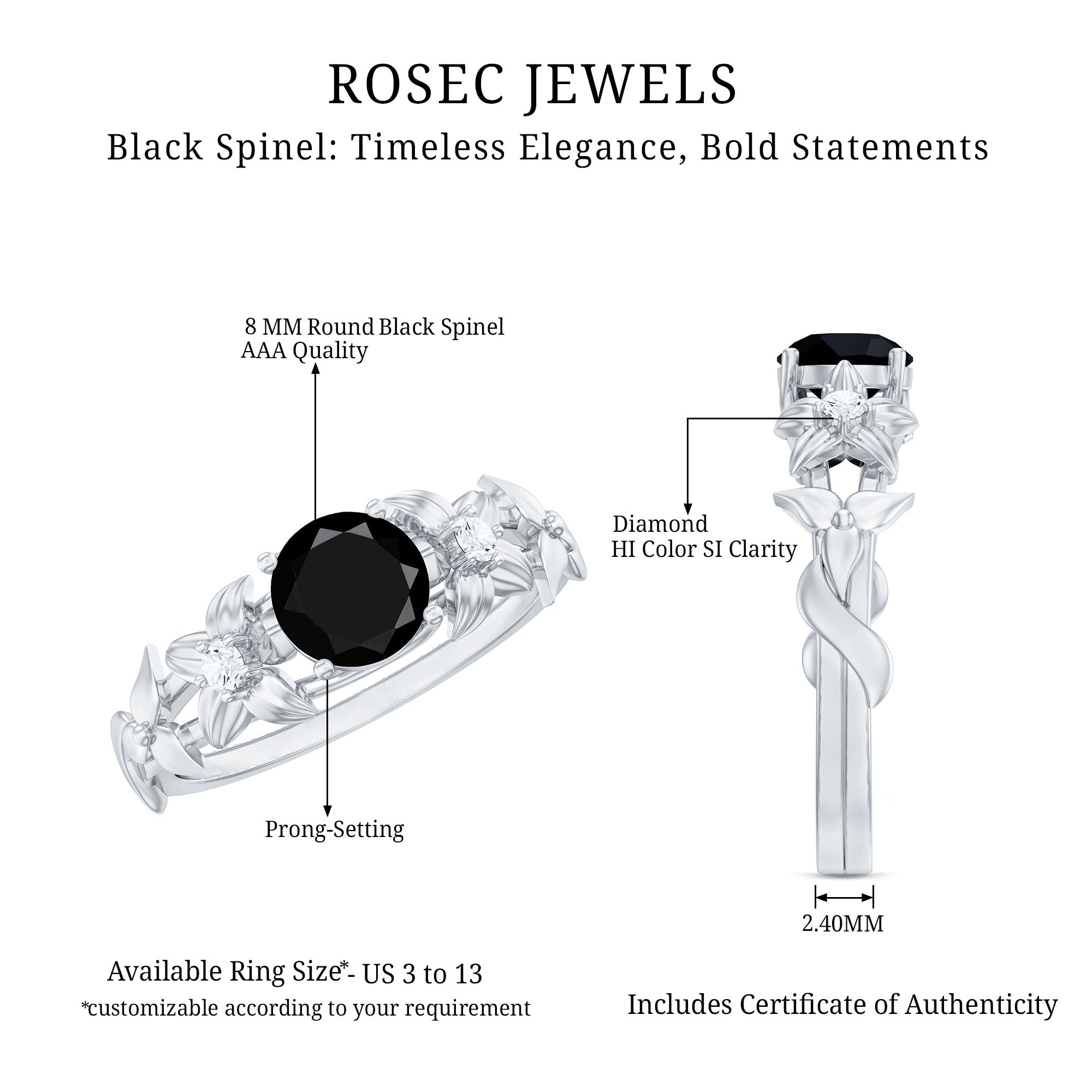 Nature Inspired Black Spinel Engagement Ring with Diamonds