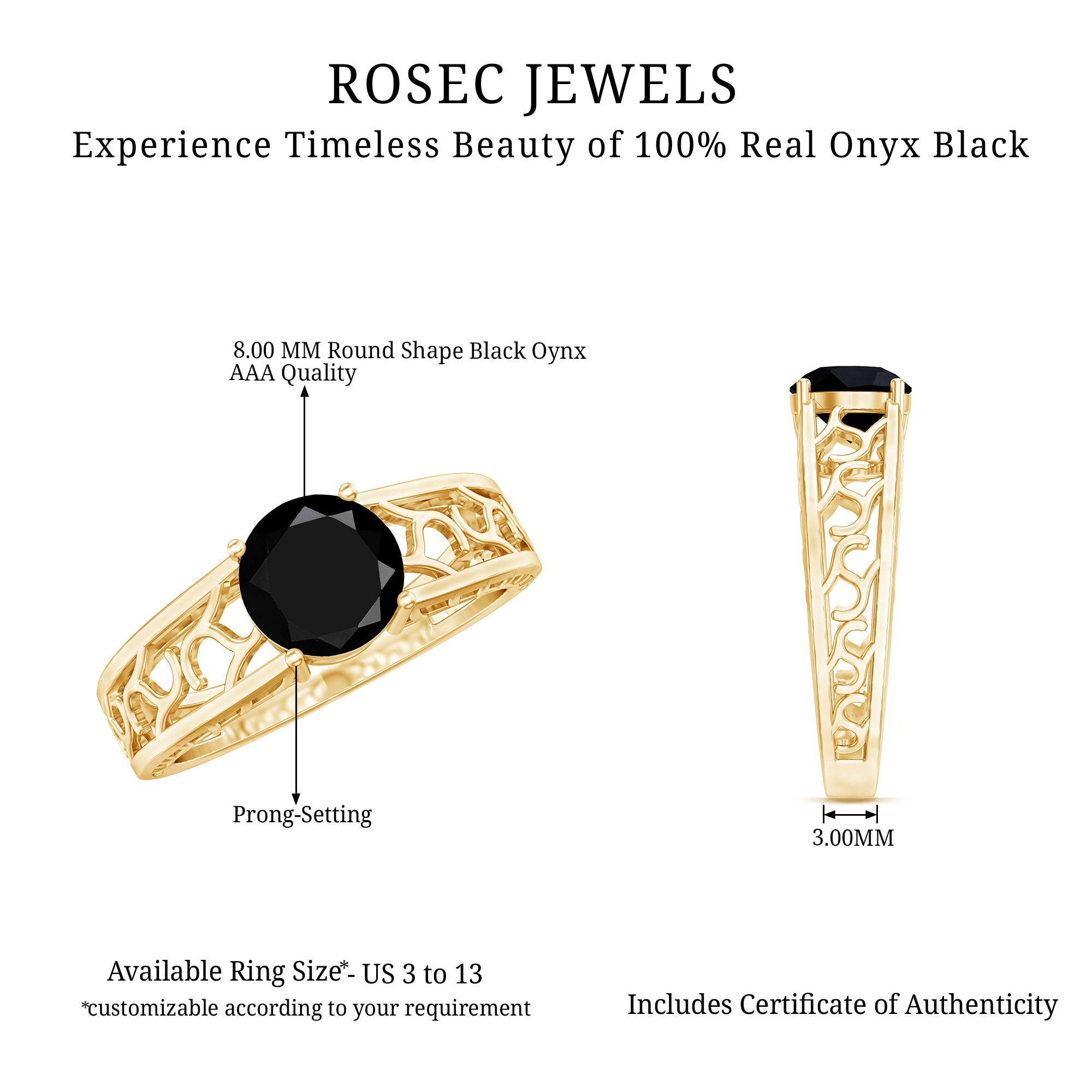 2 Carat Round Black Onyx Filigree Engagement Ring with Certificate