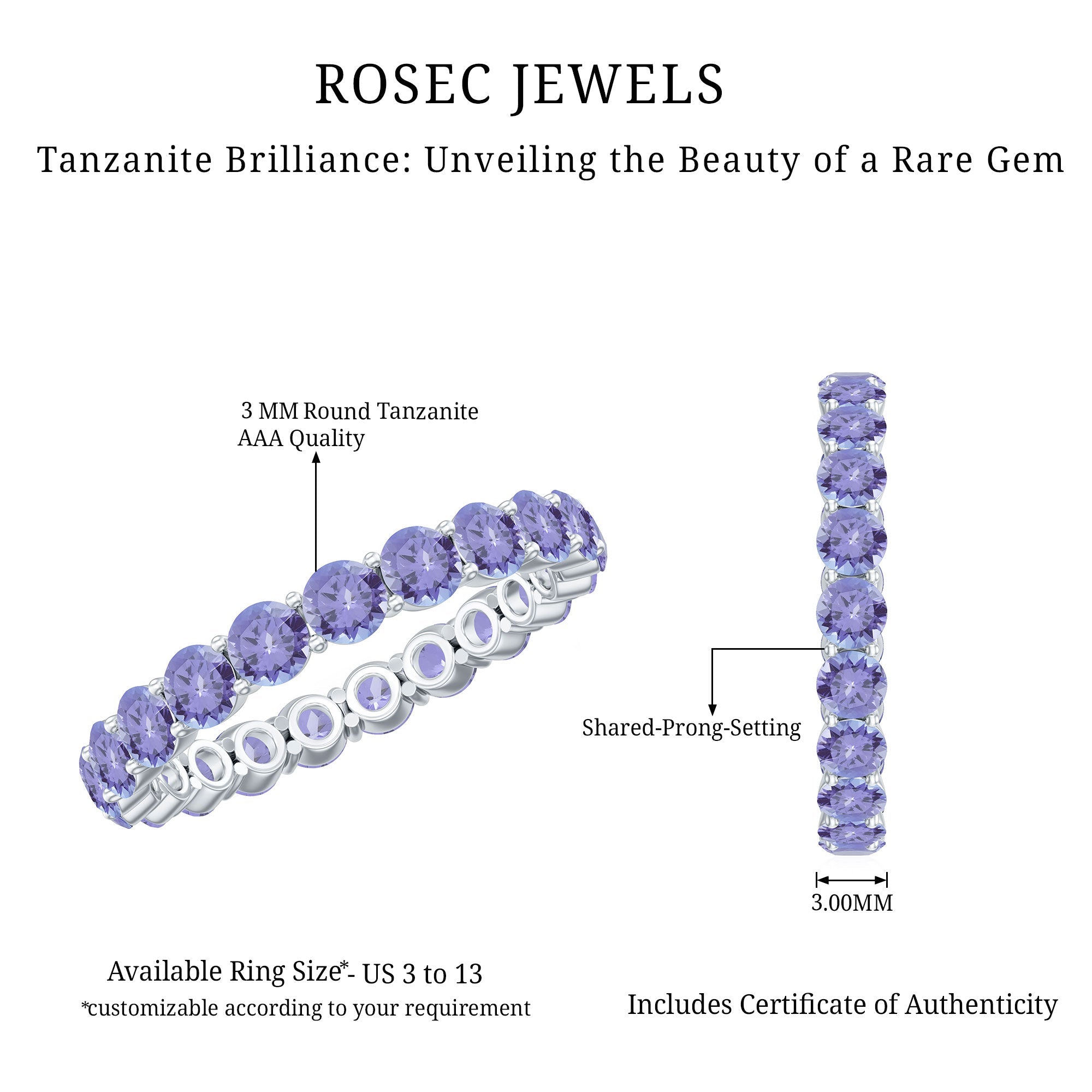 Tanzanite Eternity Ring – Full Eternity Band with Blue Violet Gemstones in Shared Prong Setting