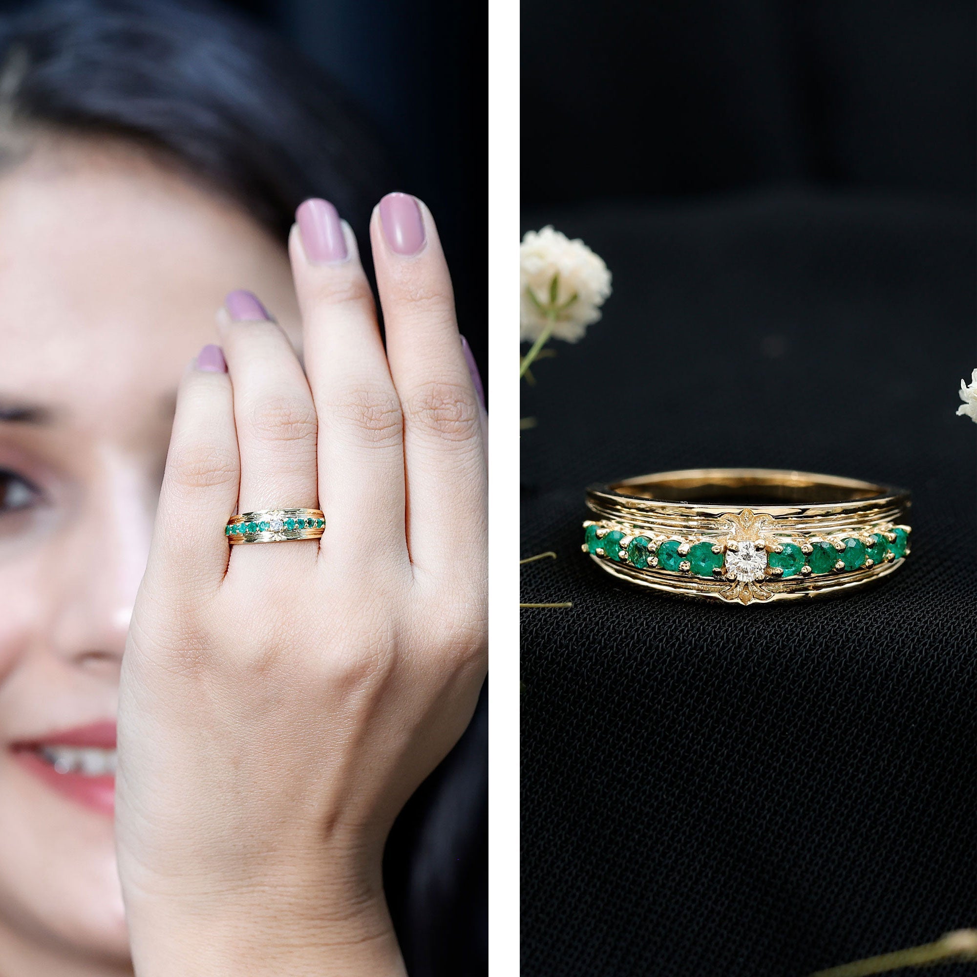 Diamond Emerald Anniversary Ring – Classic Vintage Anniversary Ring with AAA Emeralds