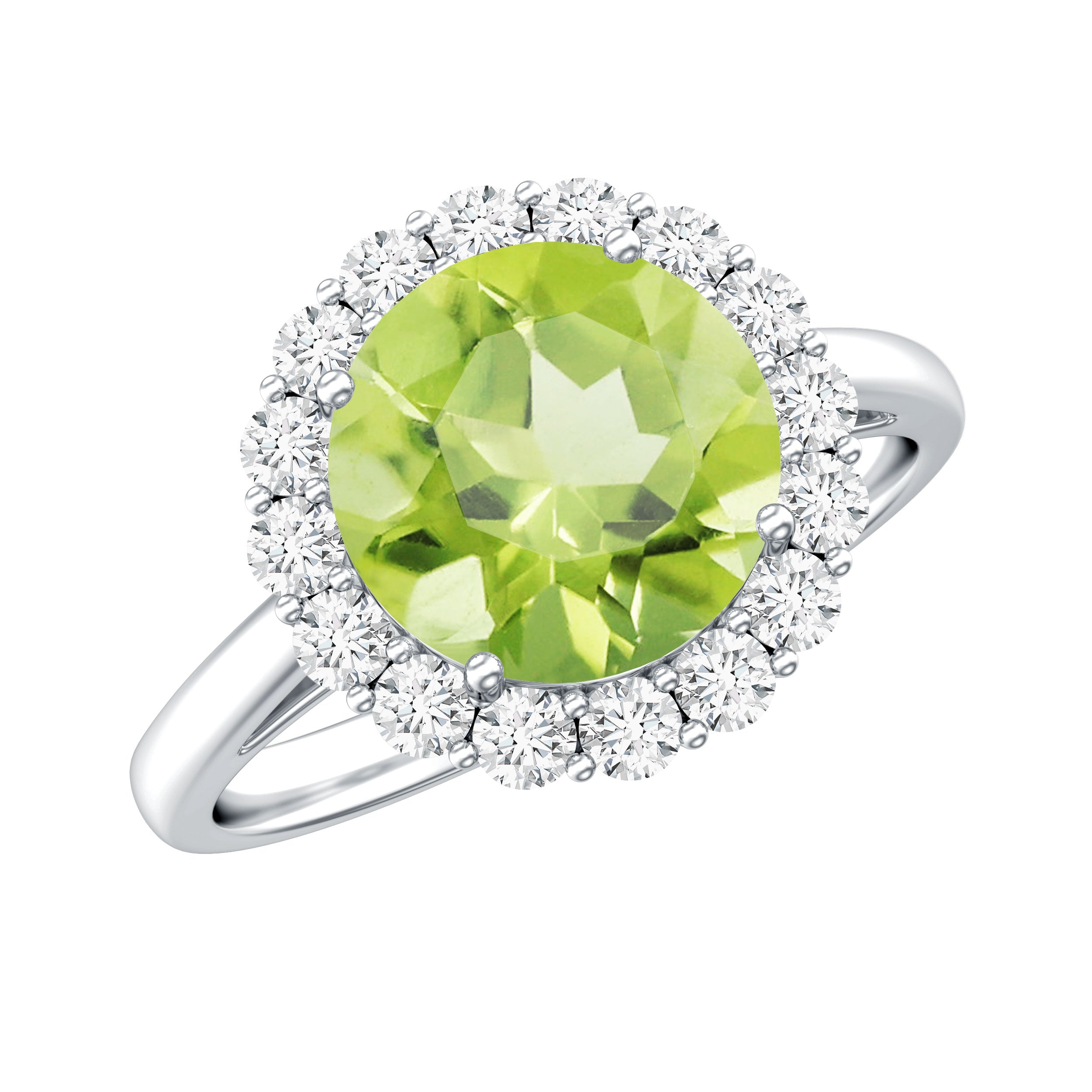 Peridot Engagement Ring – 2 Carat Round AAA Quality Peridot with Diamond Halo