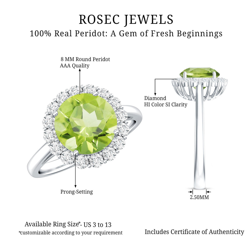 Peridot Engagement Ring – 2 Carat Round AAA Quality Peridot with Diamond Halo