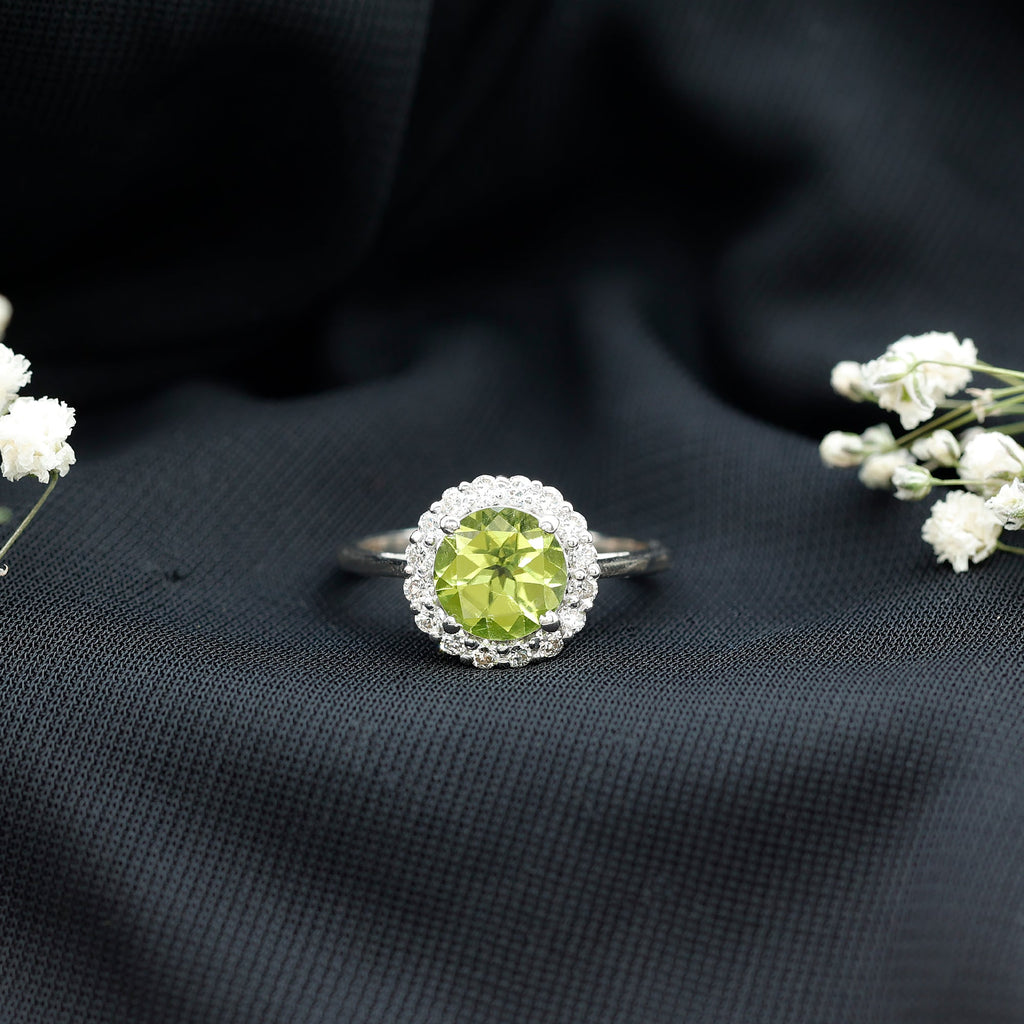 Peridot Engagement Ring – 2 Carat Round AAA Quality Peridot with Diamond Halo