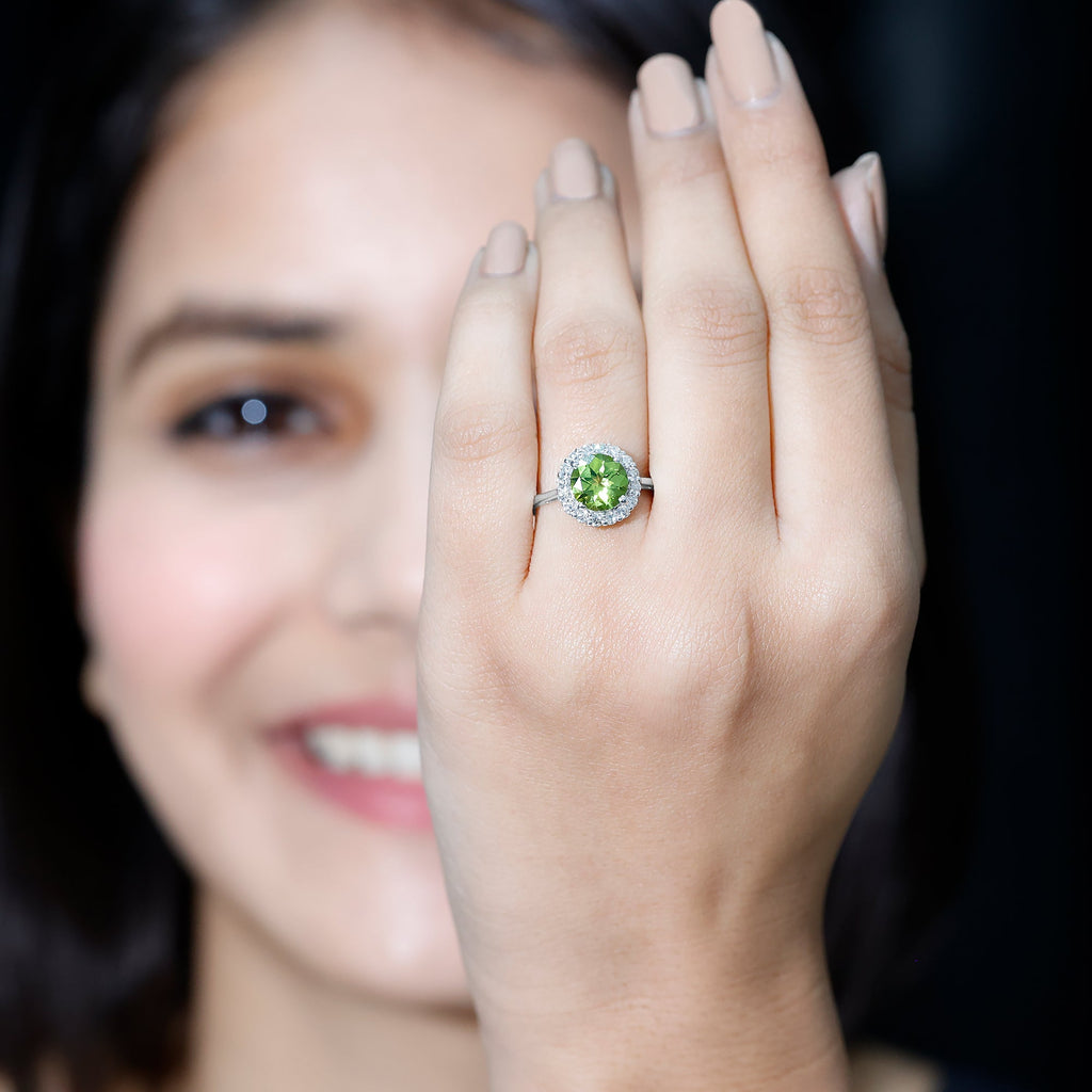 Peridot Engagement Ring – 2 Carat Round AAA Quality Peridot with Diamond Halo