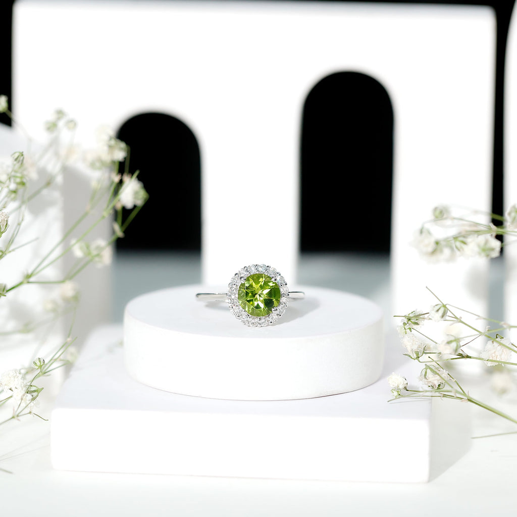 Peridot Engagement Ring – 2 Carat Round AAA Quality Peridot with Diamond Halo