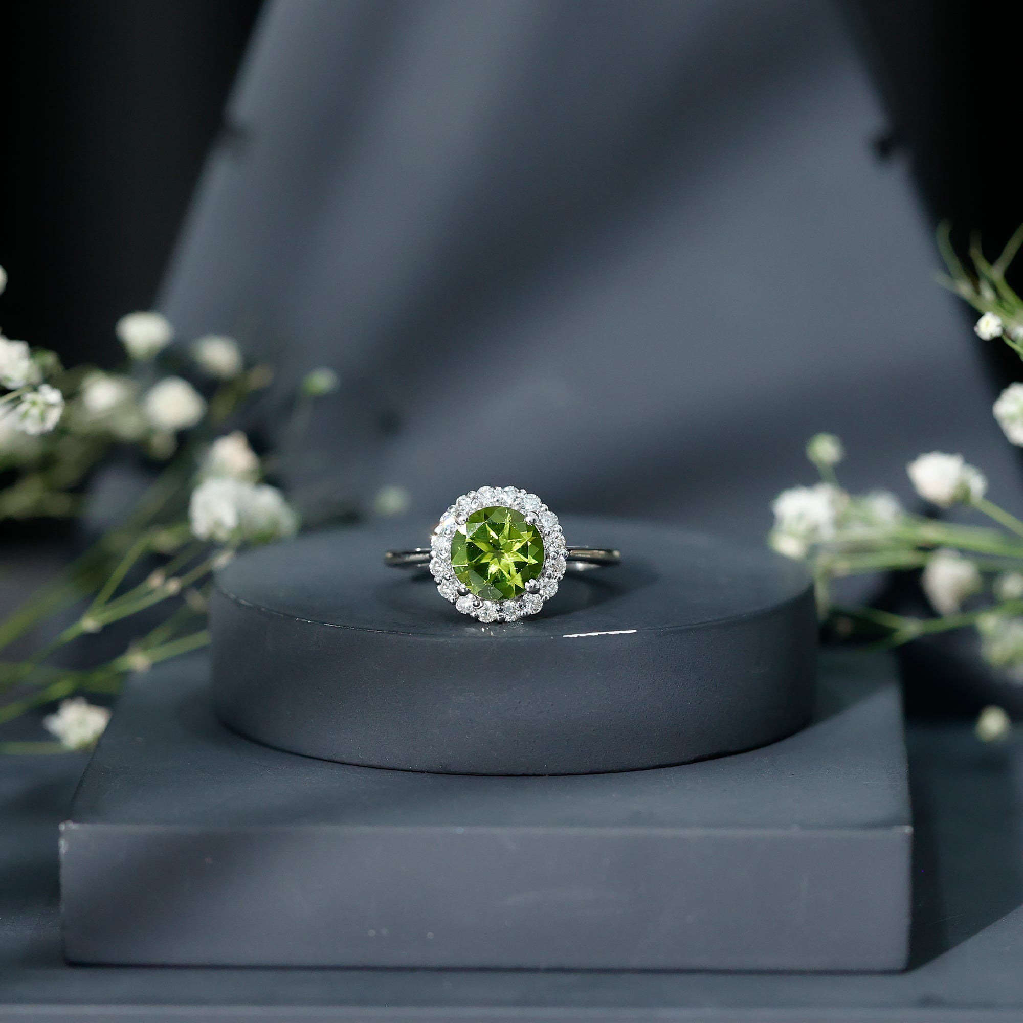 Peridot Engagement Ring – 2 Carat Round AAA Quality Peridot with Diamond Halo