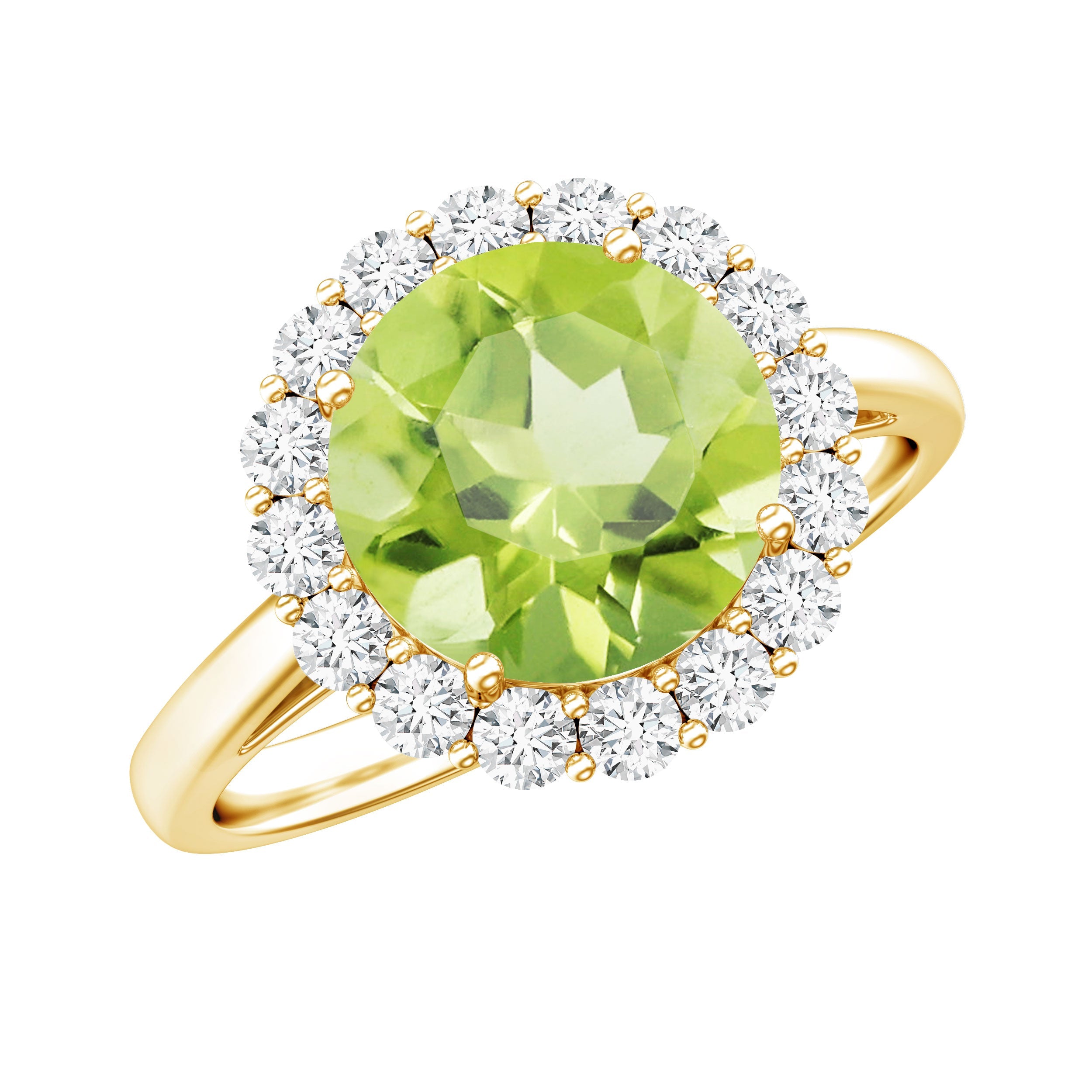 Peridot Engagement Ring – 2 Carat Round AAA Quality Peridot with Diamond Halo