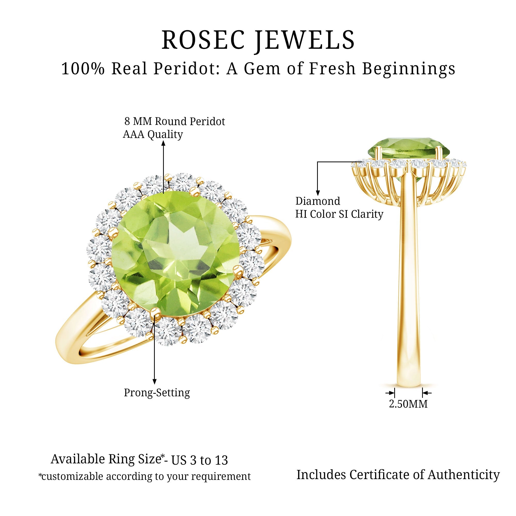 Peridot Engagement Ring – 2 Carat Round AAA Quality Peridot with Diamond Halo
