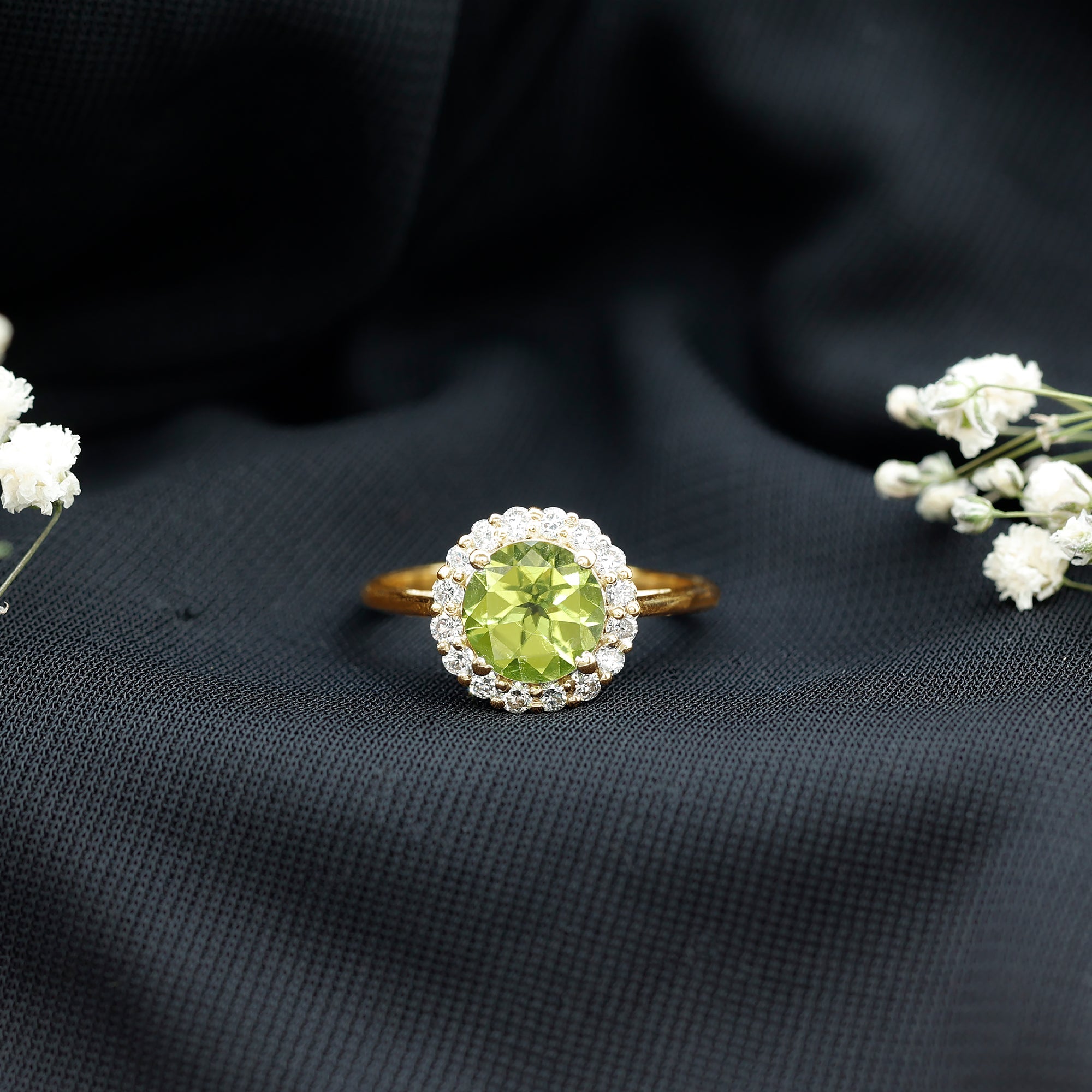 Peridot Engagement Ring – 2 Carat Round AAA Quality Peridot with Diamond Halo