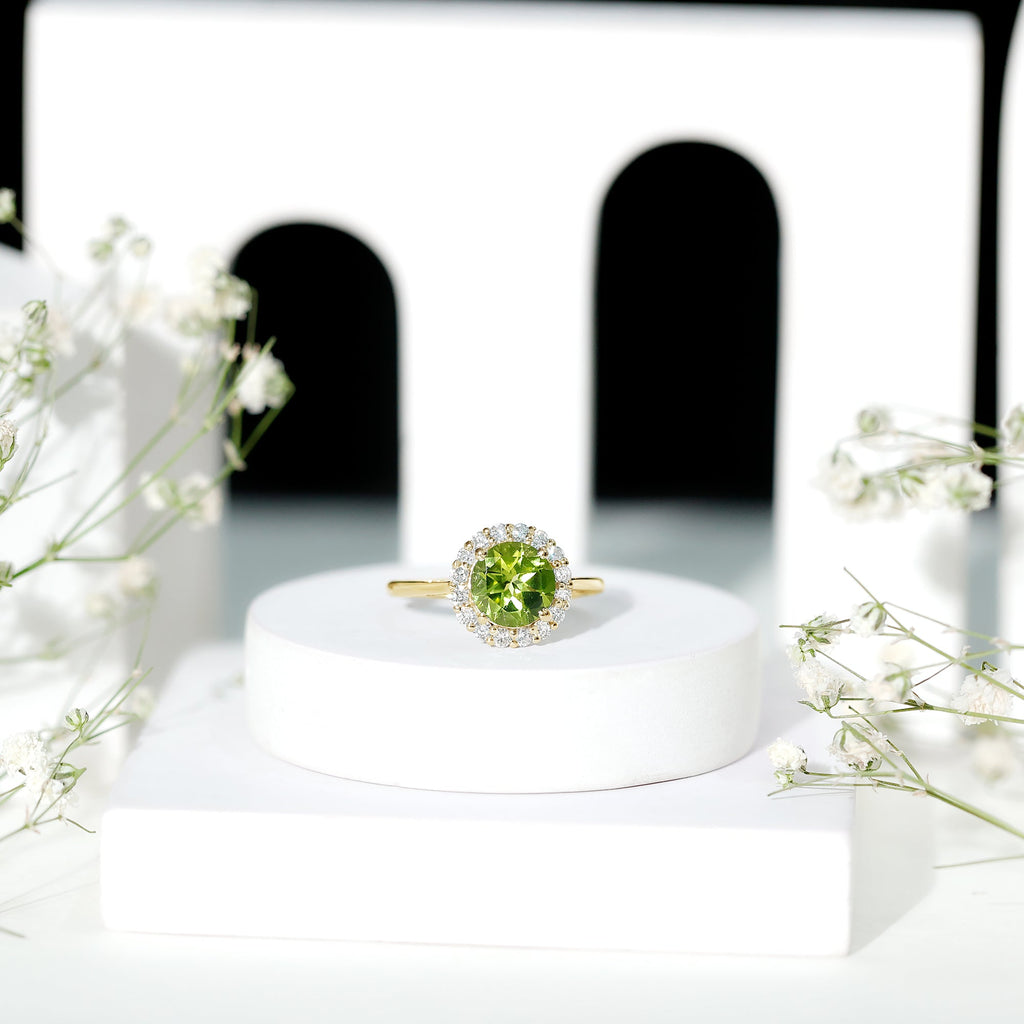 Peridot Engagement Ring – 2 Carat Round AAA Quality Peridot with Diamond Halo