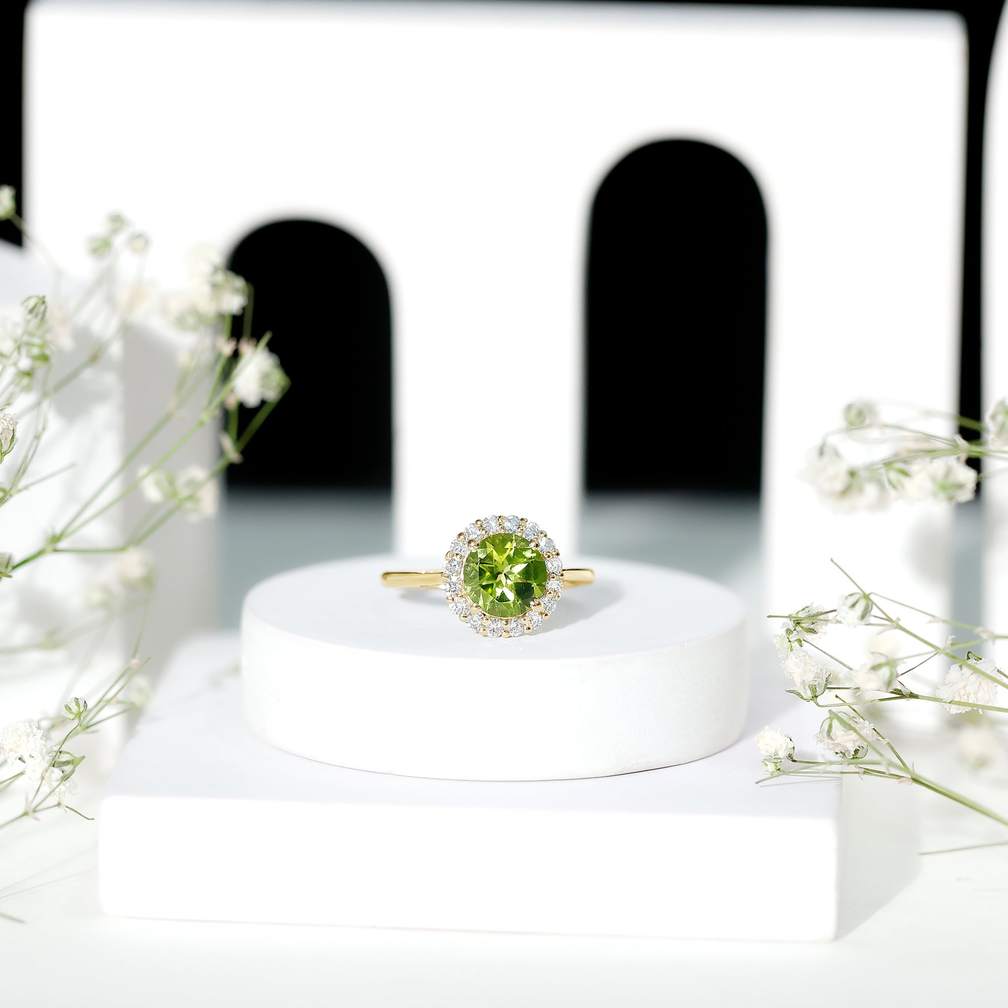 Peridot Engagement Ring – 2 Carat Round AAA Quality Peridot with Diamond Halo