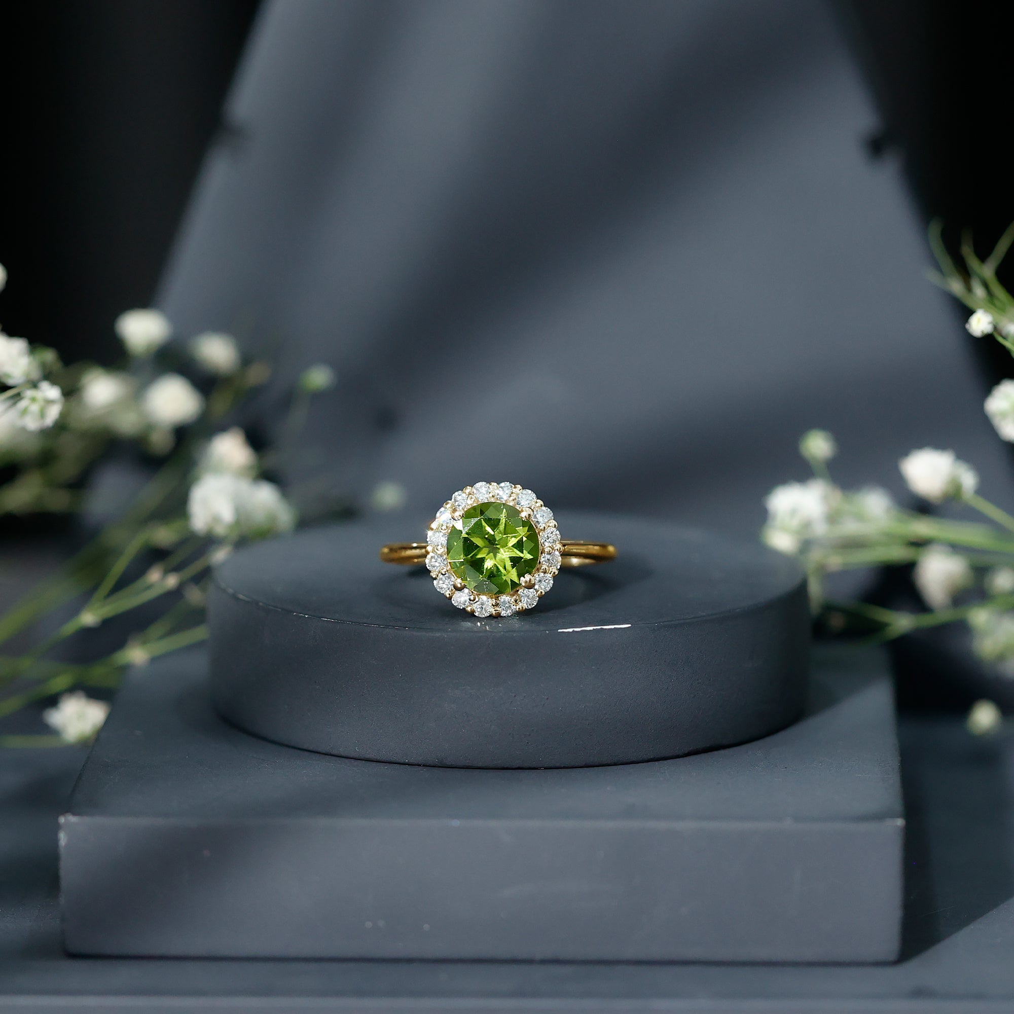 Peridot Engagement Ring – 2 Carat Round AAA Quality Peridot with Diamond Halo