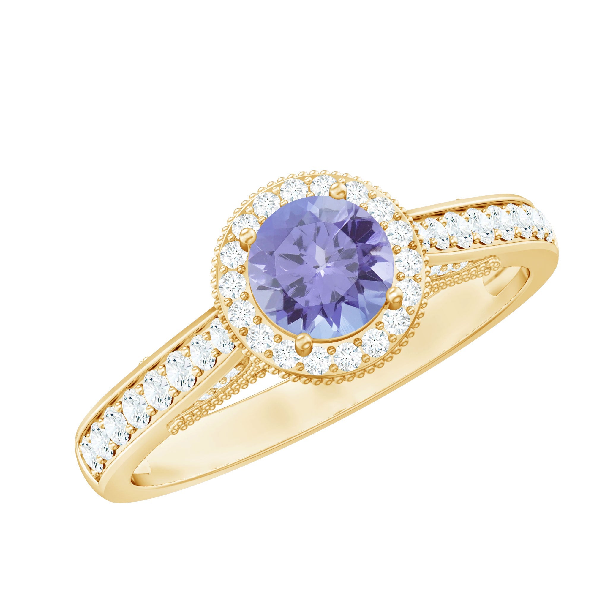 Tanzanite Engagement Ring – Vintage Style Ring with Diamond Halo & Beaded Detail