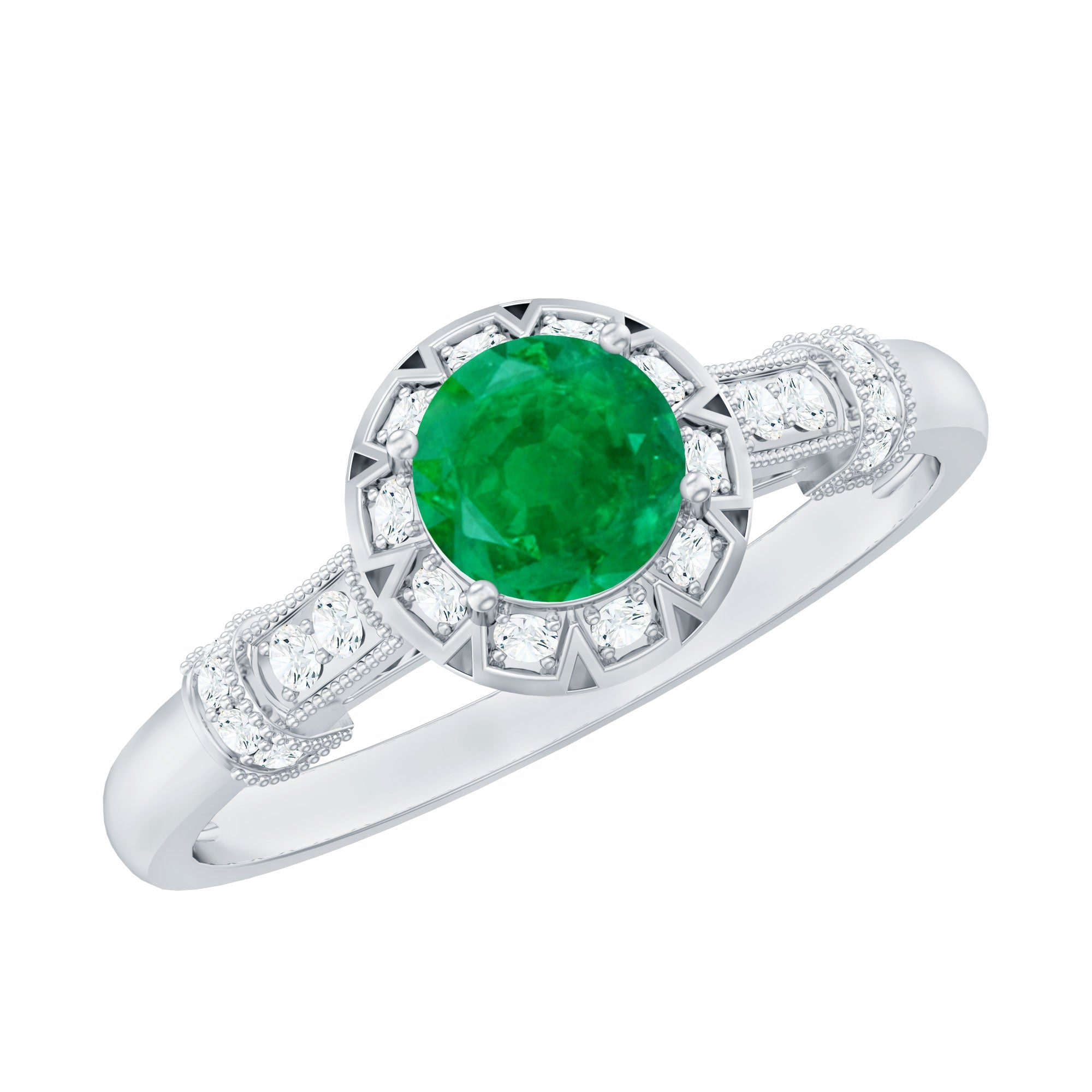 Emerald Engagement Ring Vintage Inspired – Halo Diamond, Round Cut Emerald, AAA Quality
