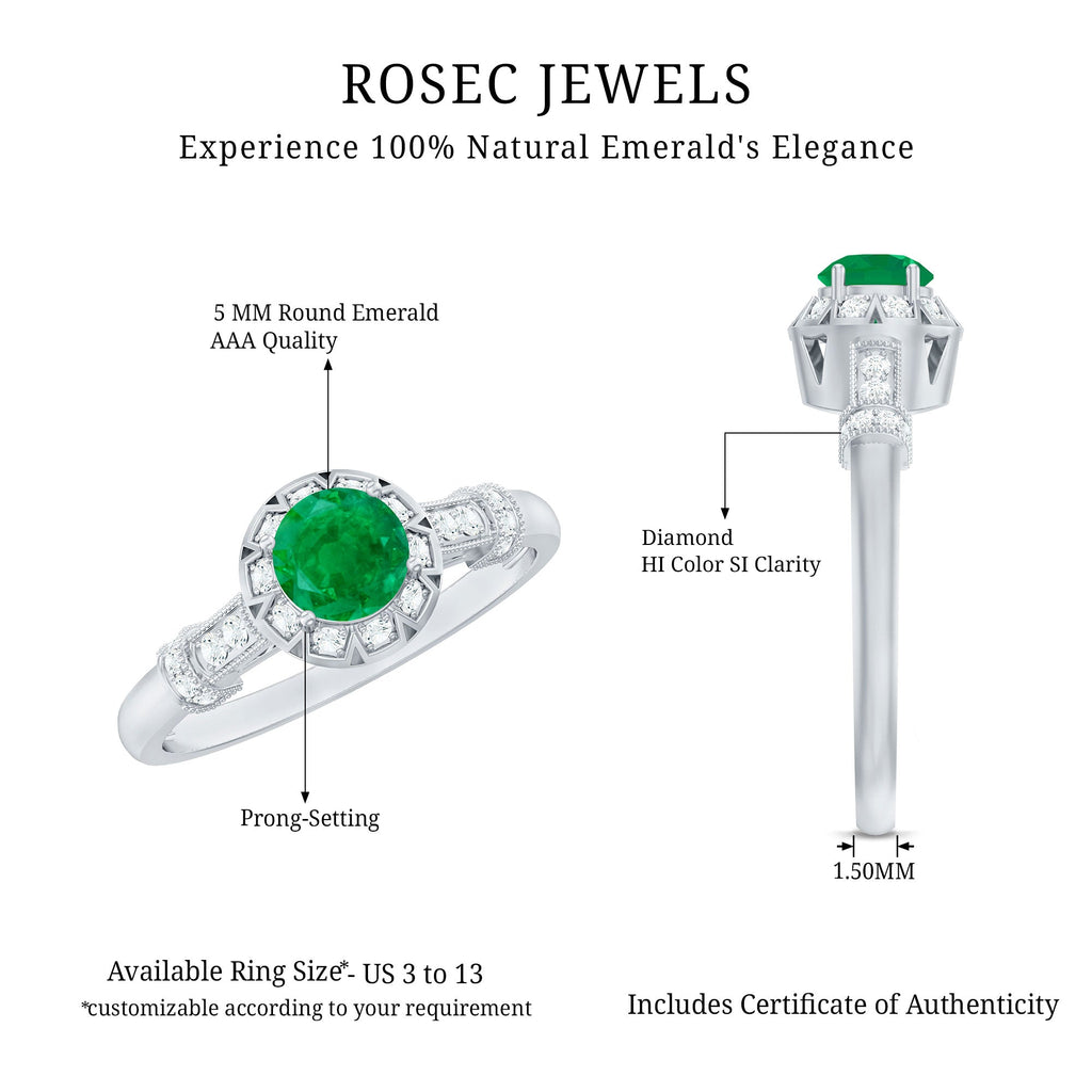 Emerald Engagement Ring Vintage Inspired – Halo Diamond, Round Cut Emerald, AAA Quality
