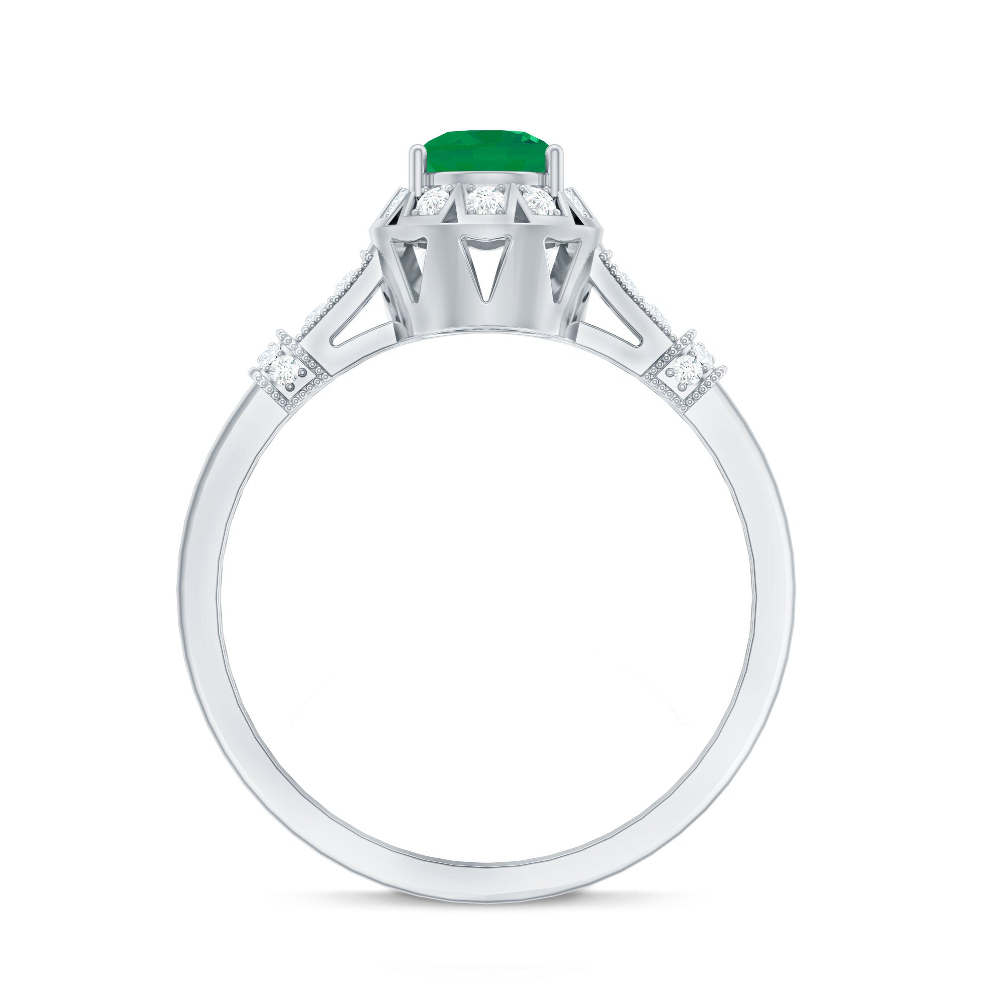 Emerald Engagement Ring Vintage Inspired – Halo Diamond, Round Cut Emerald, AAA Quality