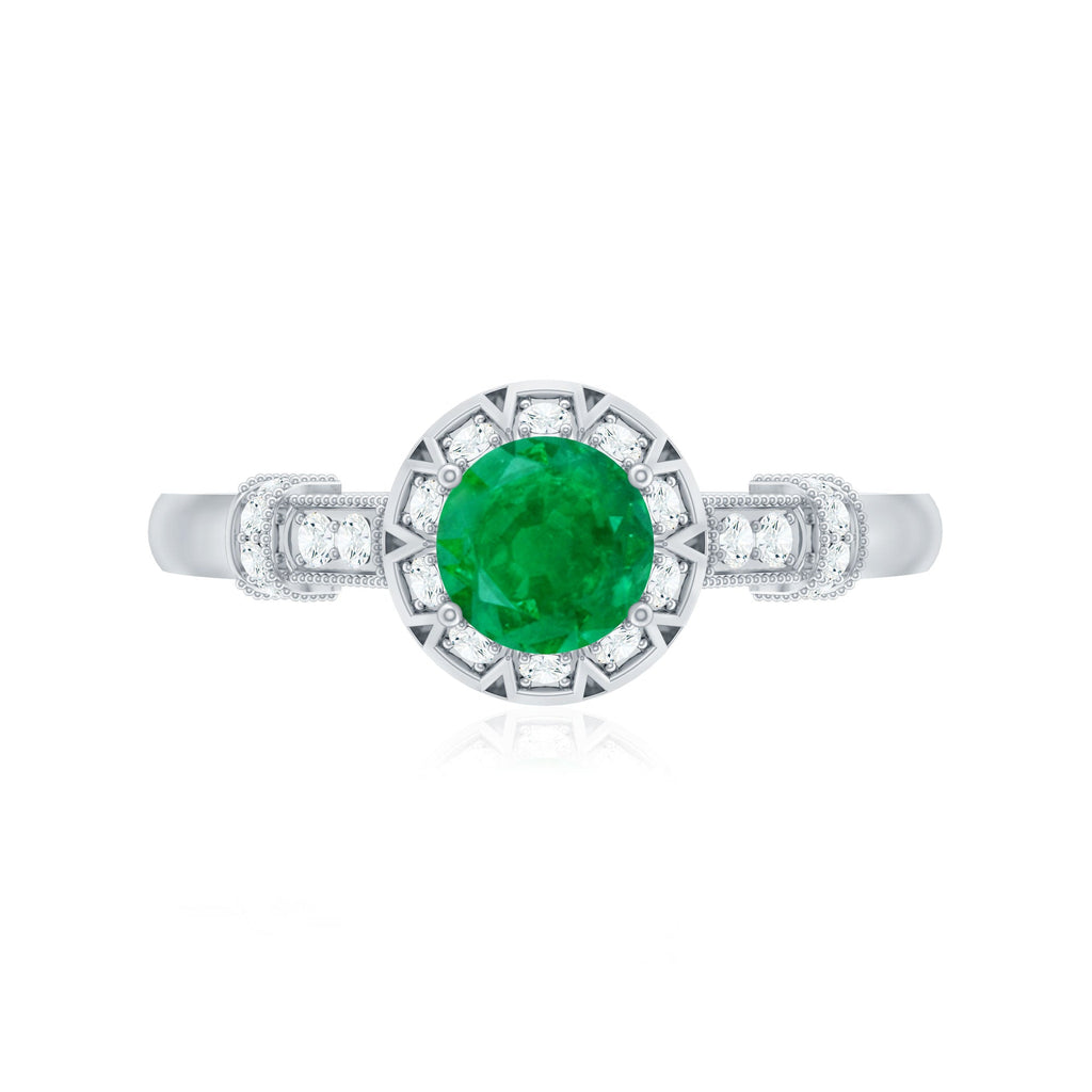 Emerald Engagement Ring Vintage Inspired – Halo Diamond, Round Cut Emerald, AAA Quality