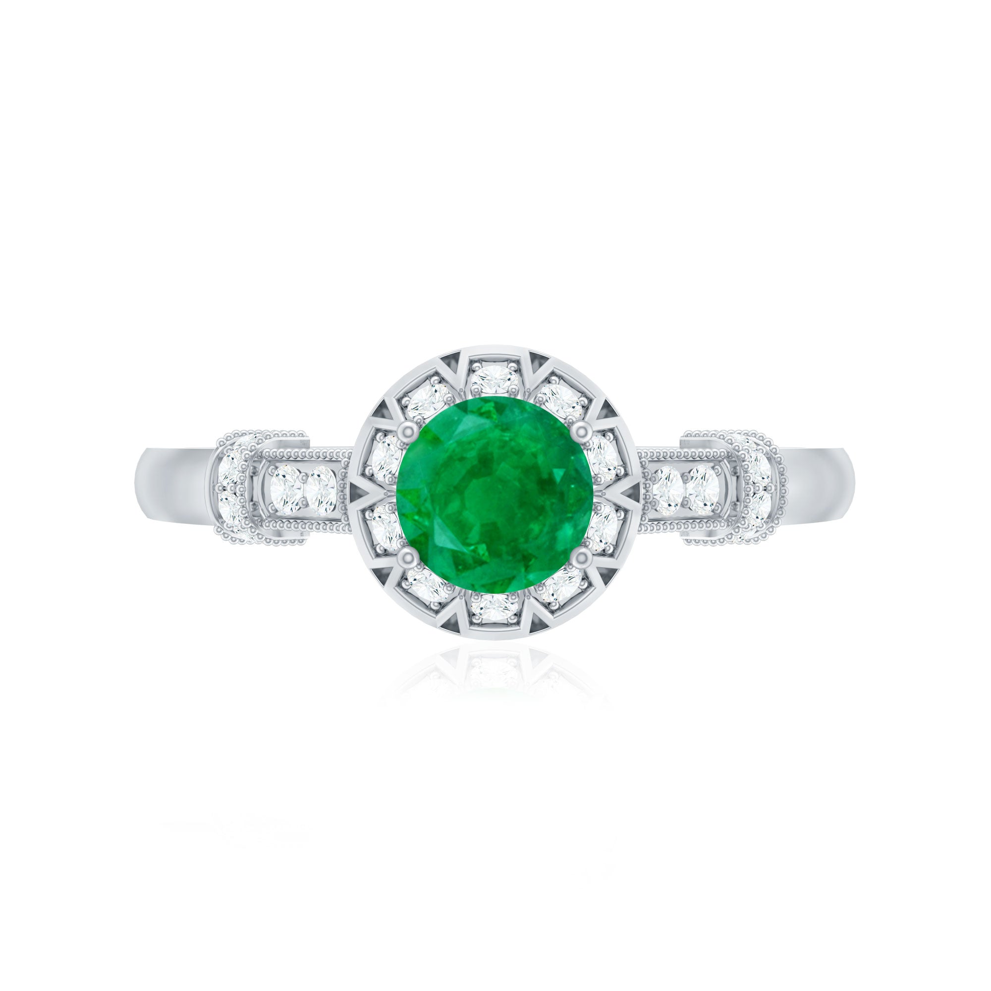 Emerald Engagement Ring Vintage Inspired – Halo Diamond, Round Cut Emerald, AAA Quality