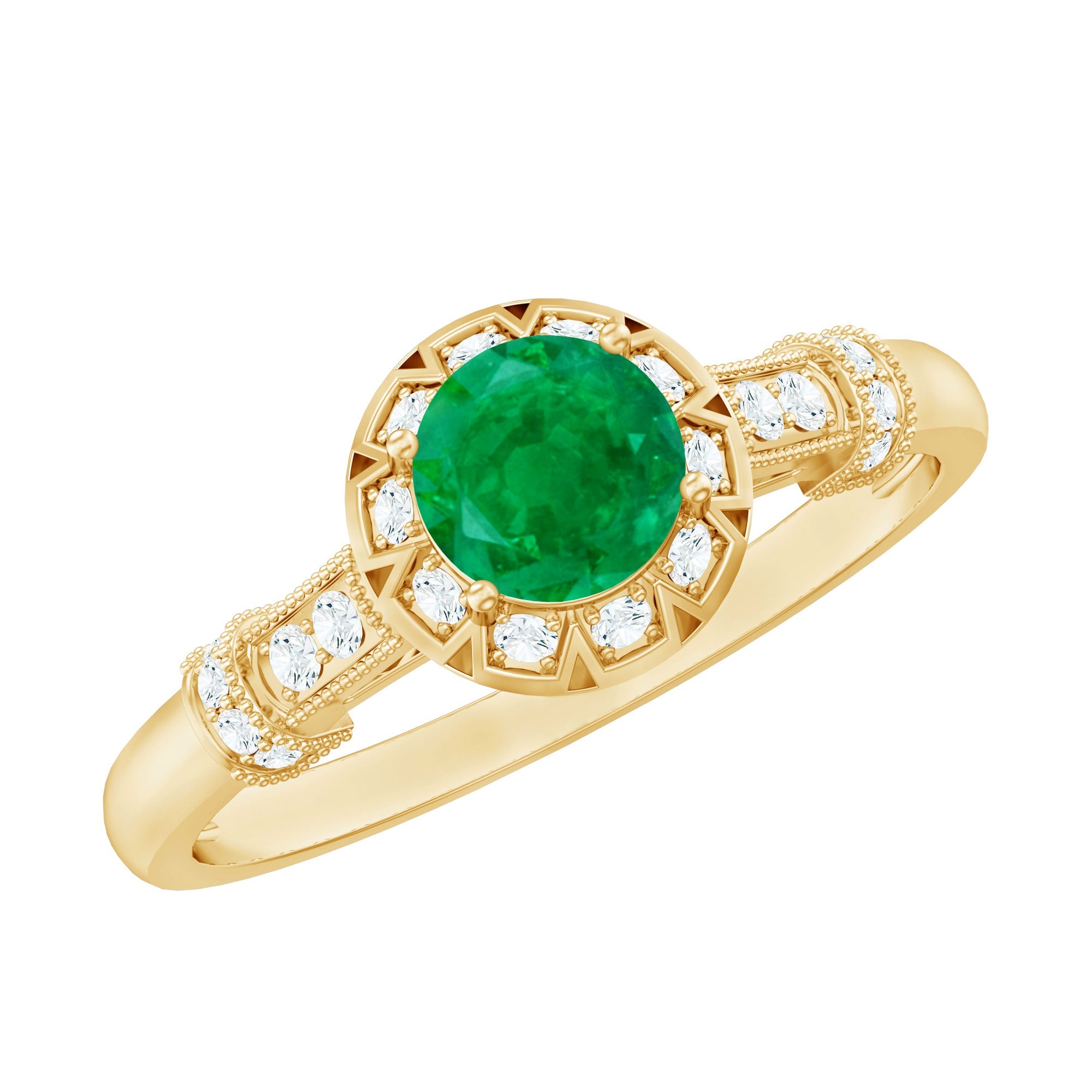 Emerald Engagement Ring Vintage Inspired – Halo Diamond, Round Cut Emerald, AAA Quality