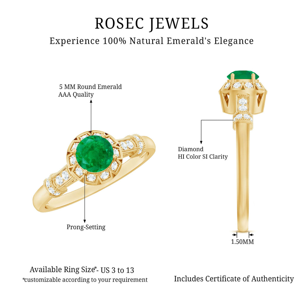 Emerald Engagement Ring Vintage Inspired – Halo Diamond, Round Cut Emerald, AAA Quality