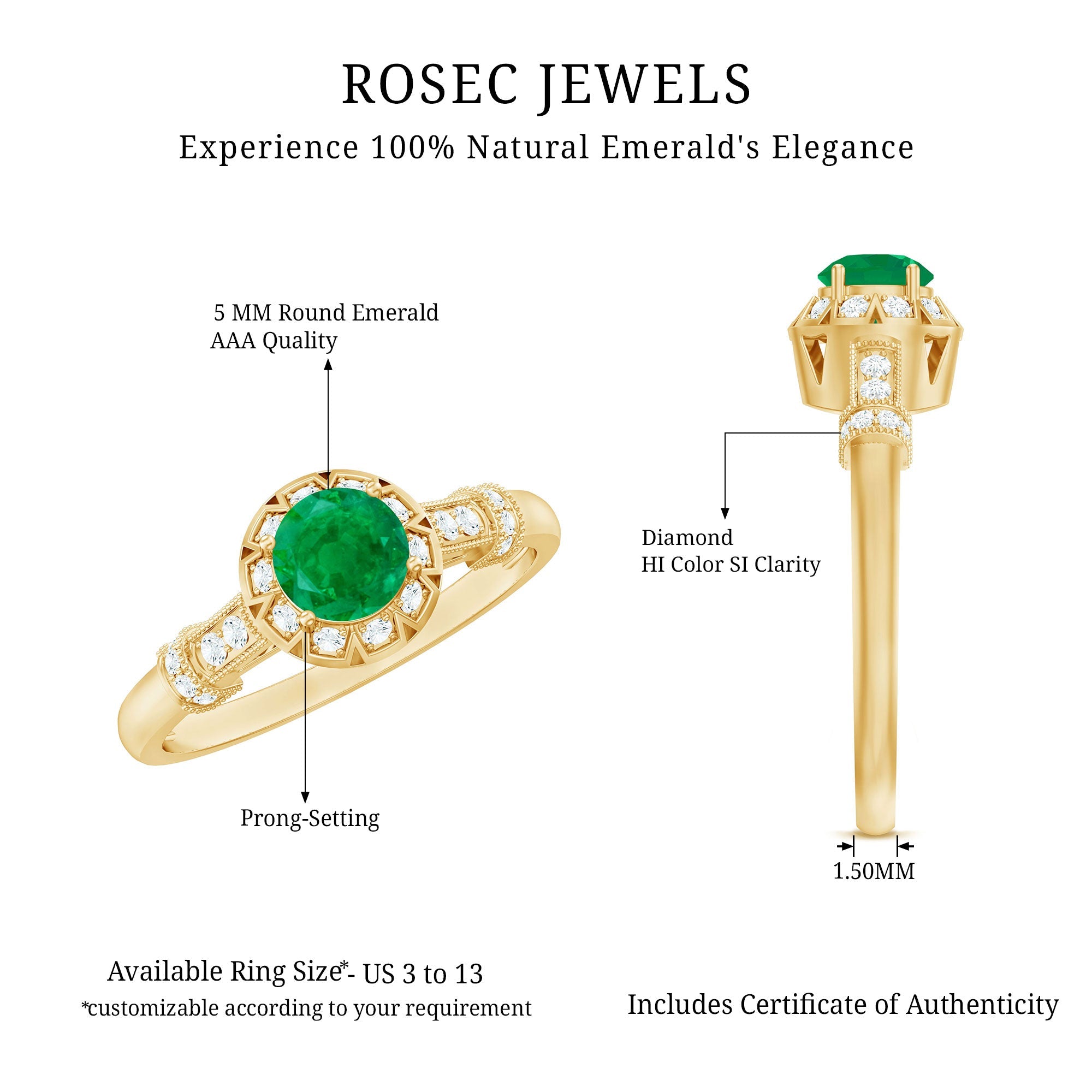 Emerald Engagement Ring Vintage Inspired – Halo Diamond, Round Cut Emerald, AAA Quality