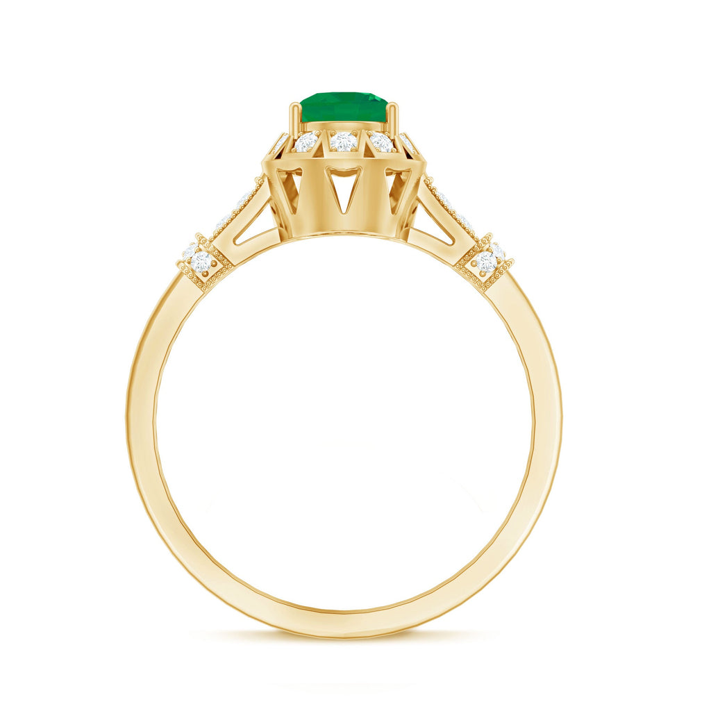 Emerald Engagement Ring Vintage Inspired – Halo Diamond, Round Cut Emerald, AAA Quality