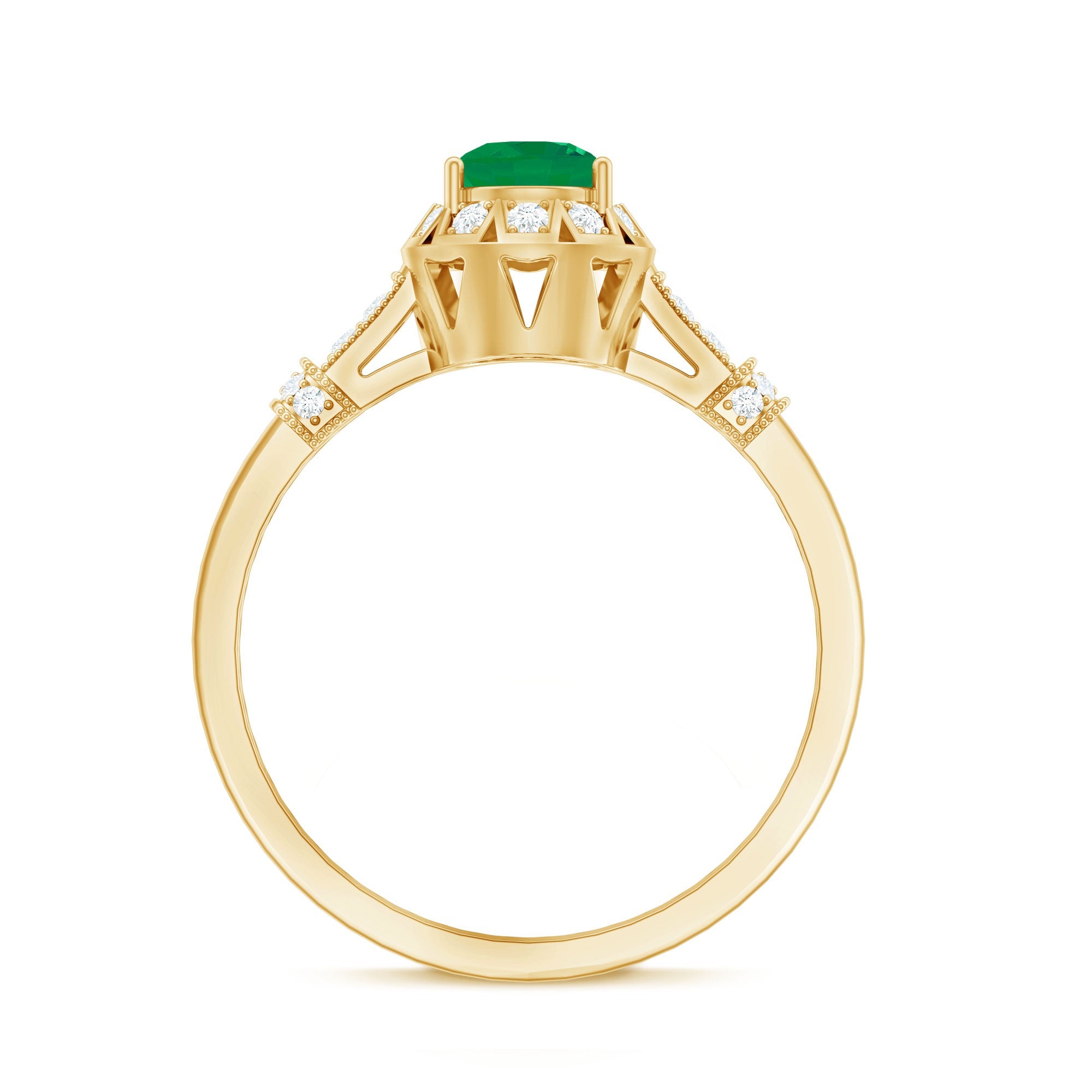 Emerald Engagement Ring Vintage Inspired – Halo Diamond, Round Cut Emerald, AAA Quality