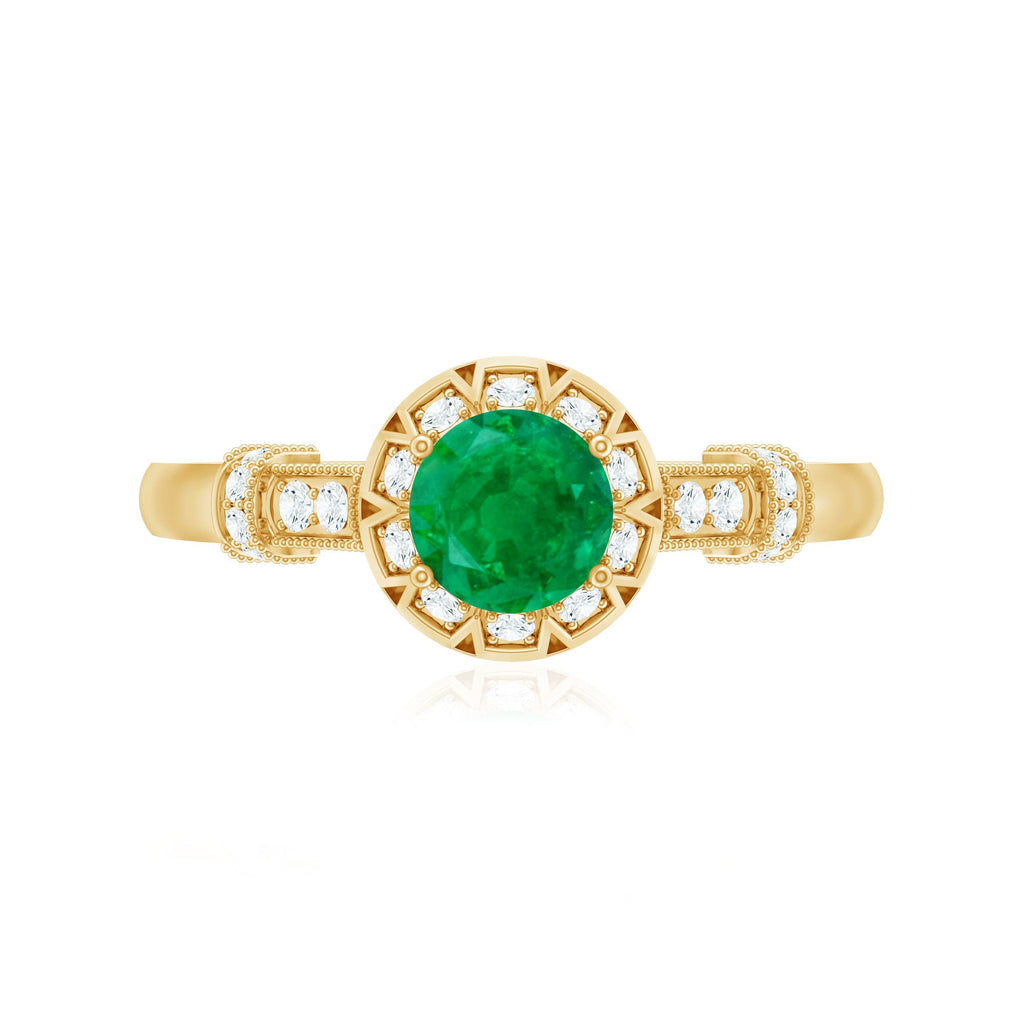 Emerald Engagement Ring Vintage Inspired – Halo Diamond, Round Cut Emerald, AAA Quality