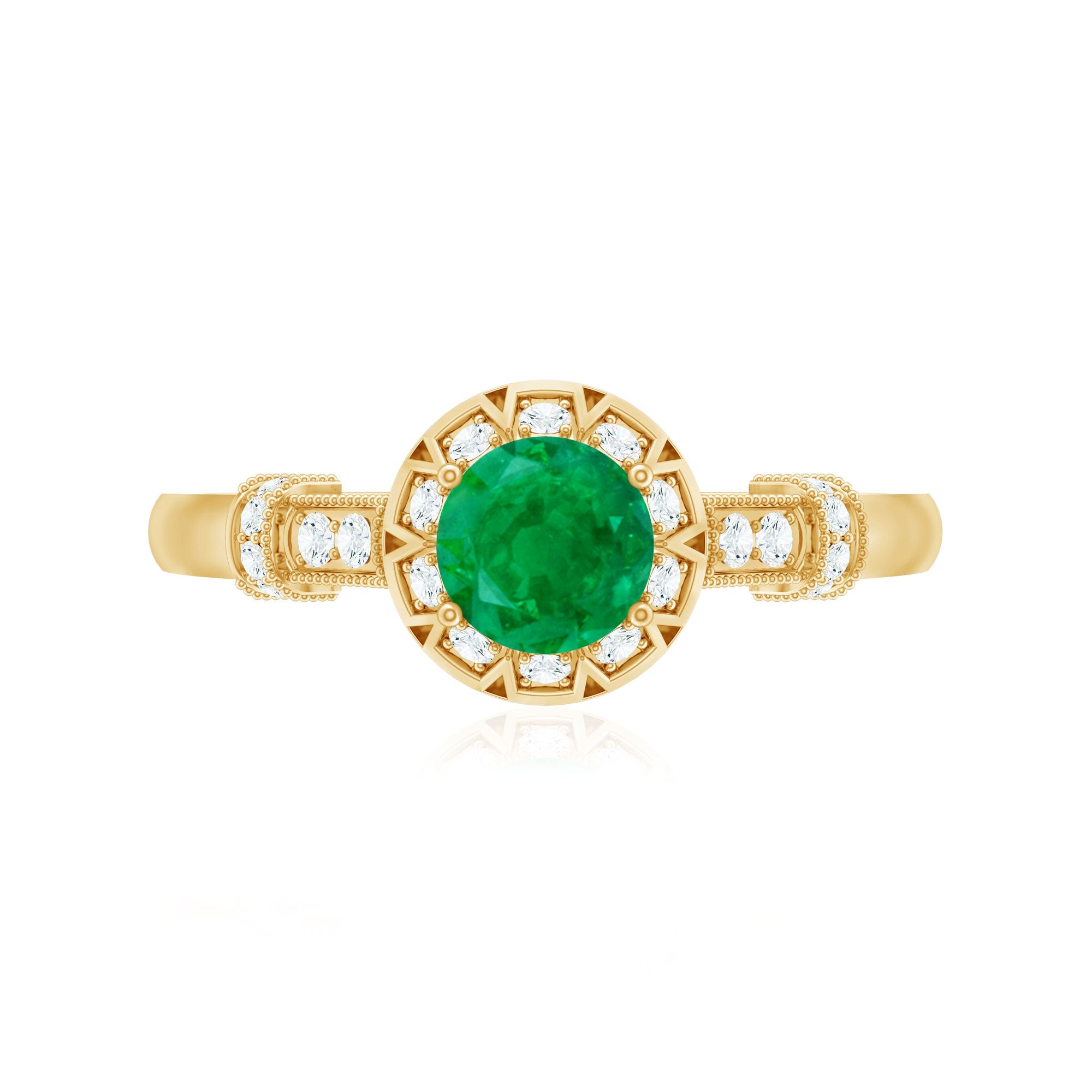 Emerald Engagement Ring Vintage Inspired – Halo Diamond, Round Cut Emerald, AAA Quality